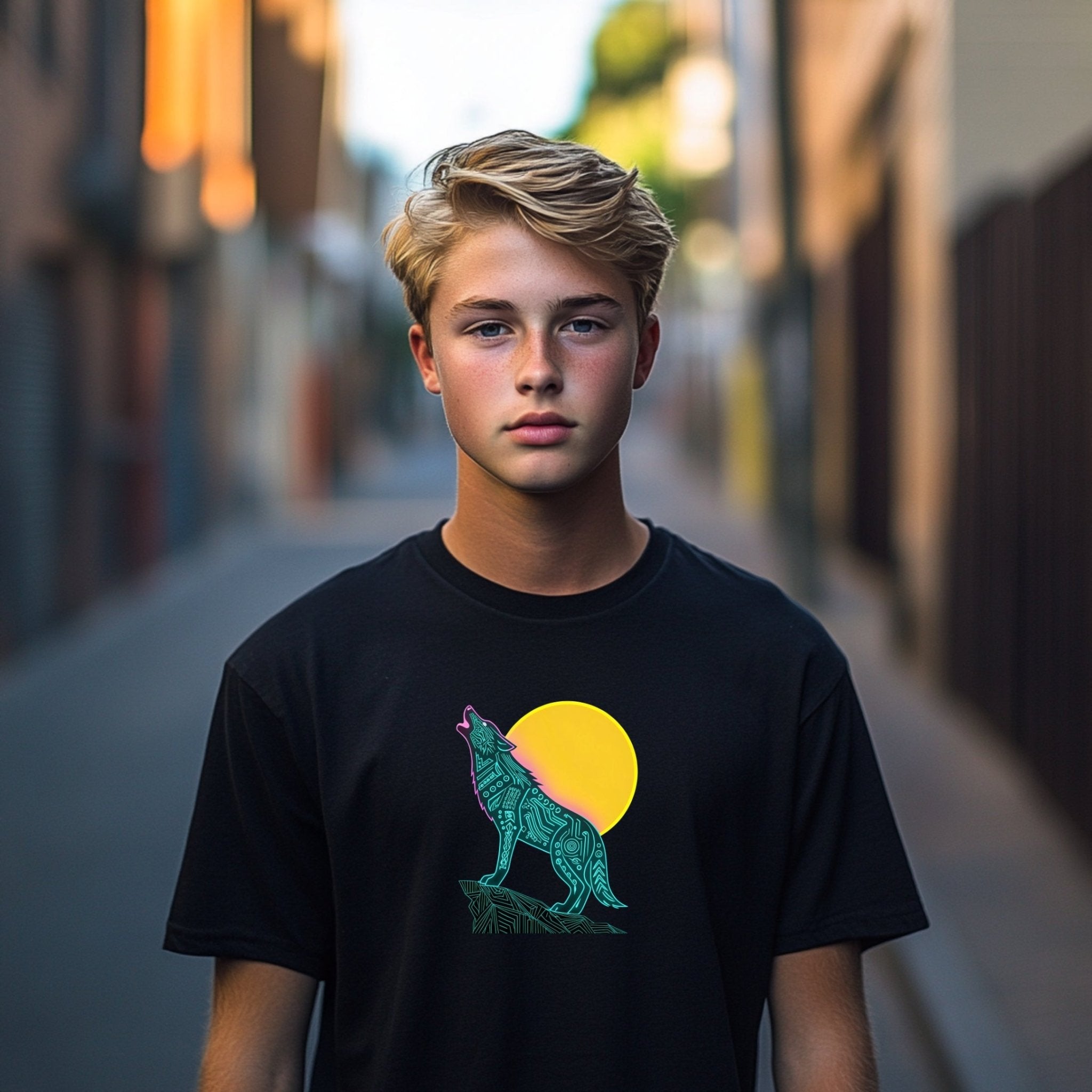 Neon Wolf Howling at Moon T-Shirt for Kids, Cool Digital Art Graphic Tee, Vibrant Colorful Design, Perfect Gift for Children - Craig Michael Design