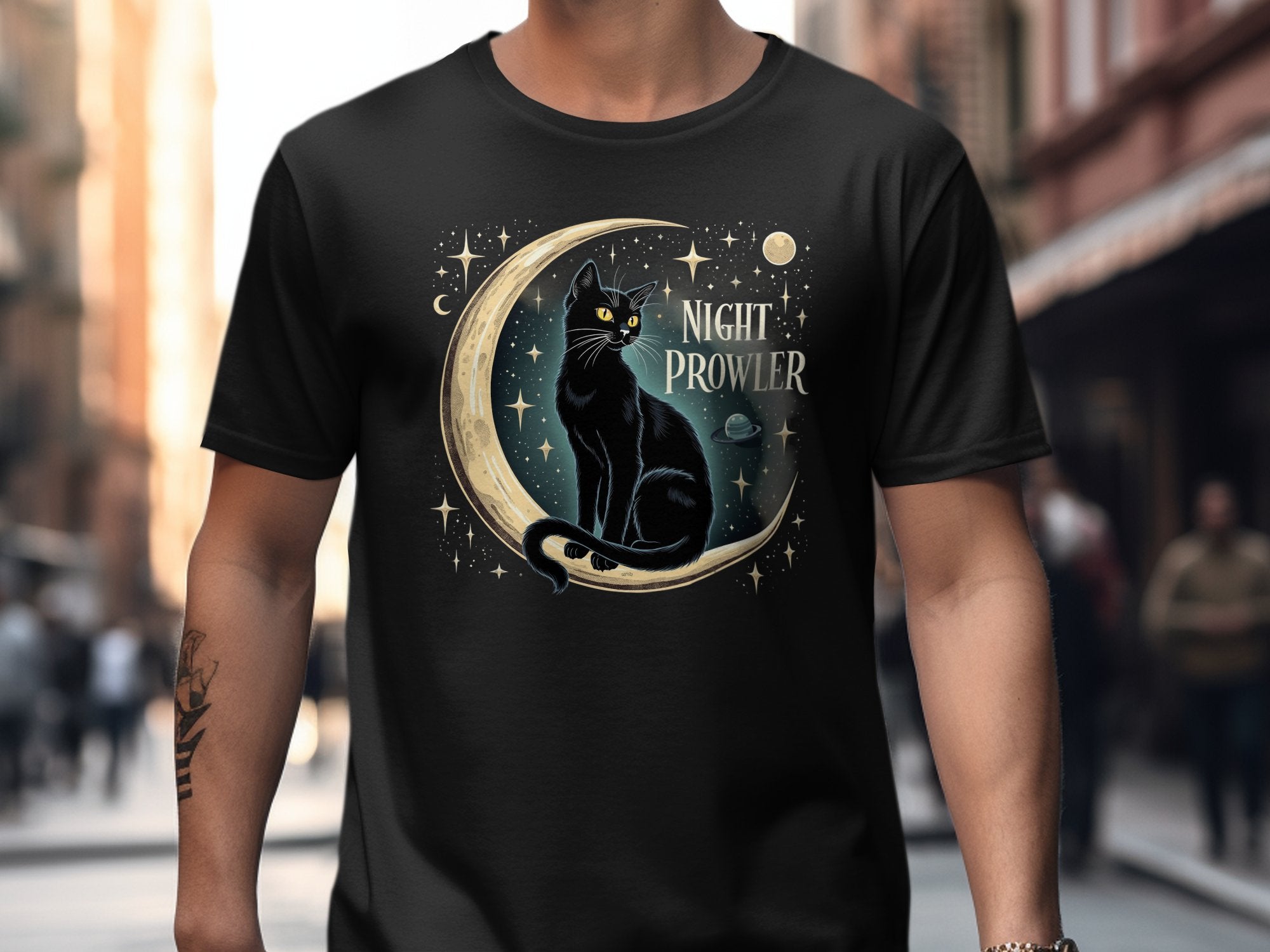 Night Prowler Cat T-Shirt, Black Cat Moon Design, Cosmic Space Tee, Cat Lover Gift, Mystical Cat Shirt, Celestial Cat Apparel - Craig Michael Design