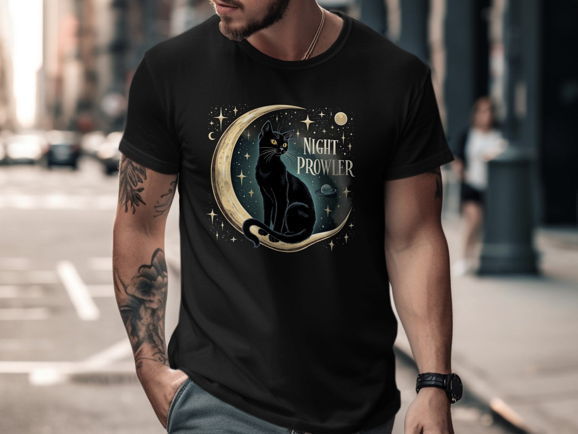 Night Prowler Cat T-Shirt, Black Cat Moon Design, Cosmic Space Tee, Cat Lover Gift, Mystical Cat Shirt, Celestial Cat Apparel - Craig Michael Design