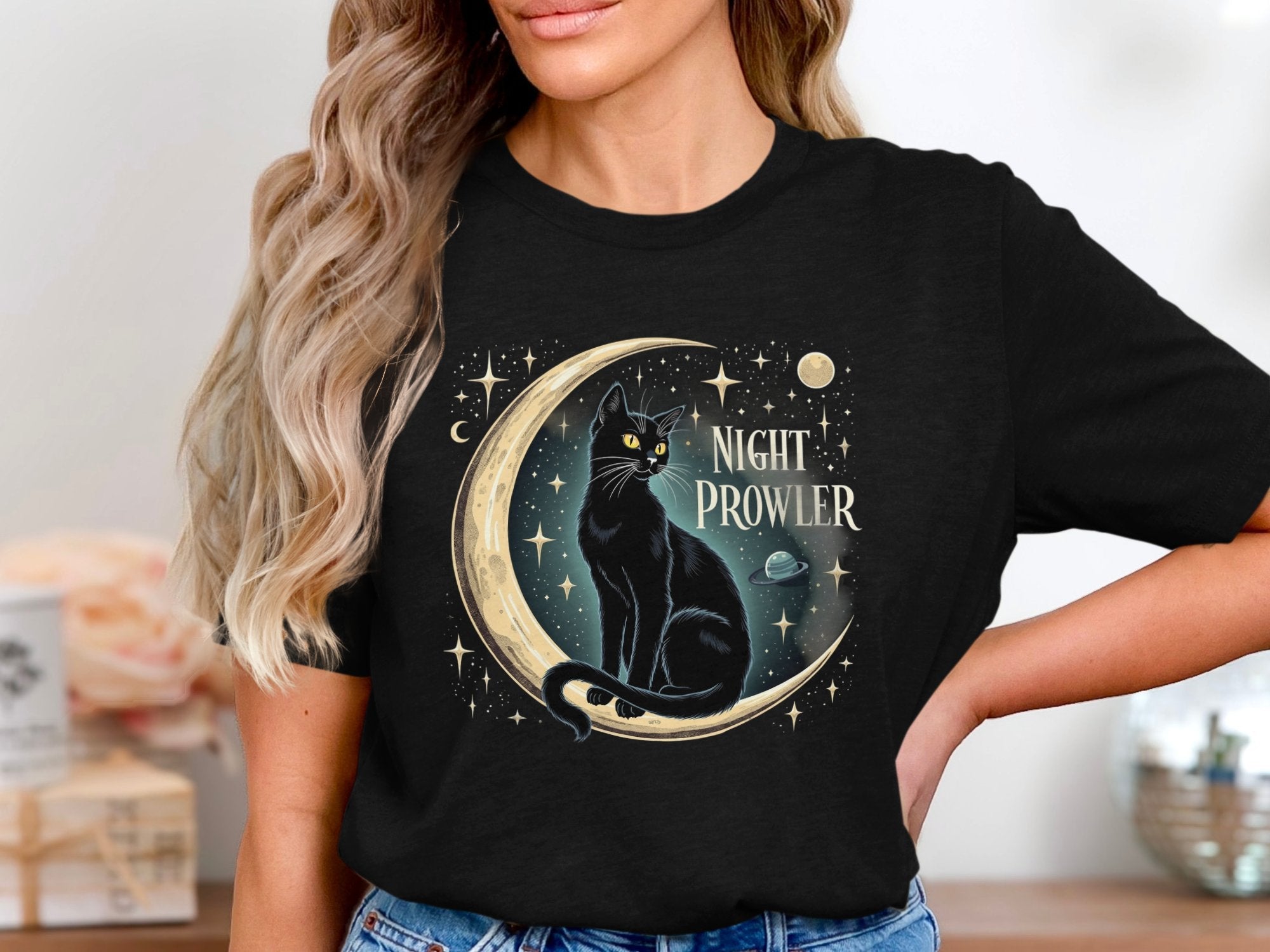 Night Prowler Cat T-Shirt, Black Cat Moon Design, Cosmic Space Tee, Cat Lover Gift, Mystical Cat Shirt, Celestial Cat Apparel - Craig Michael Design