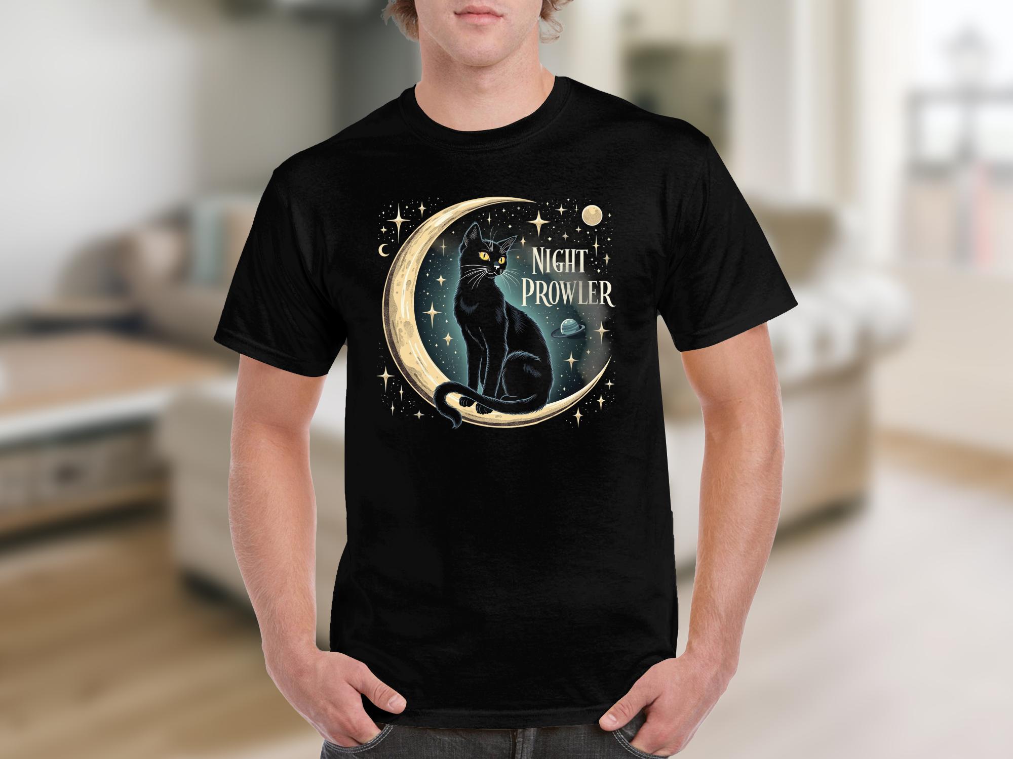 Night Prowler Cat T-Shirt, Black Cat Moon Design, Cosmic Space Tee, Cat Lover Gift, Mystical Cat Shirt, Celestial Cat Apparel - Craig Michael Design