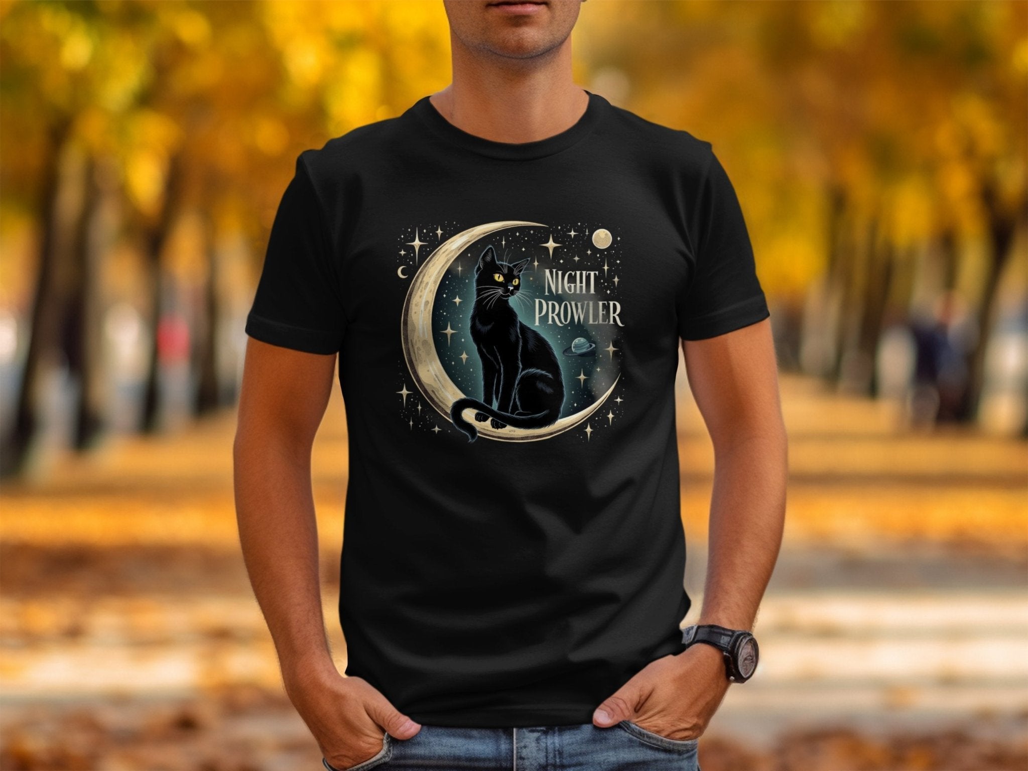 Night Prowler Cat T-Shirt, Black Cat Moon Design, Cosmic Space Tee, Cat Lover Gift, Mystical Cat Shirt, Celestial Cat Apparel - Craig Michael Design