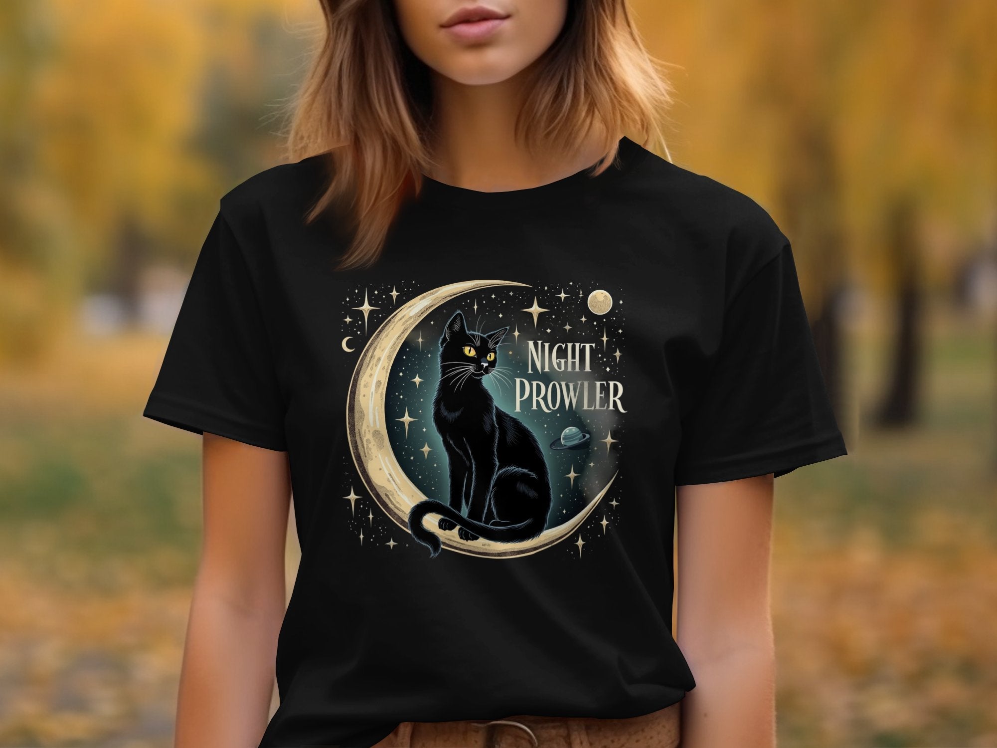 Night Prowler Cat T-Shirt, Black Cat Moon Design, Cosmic Space Tee, Cat Lover Gift, Mystical Cat Shirt, Celestial Cat Apparel - Craig Michael Design