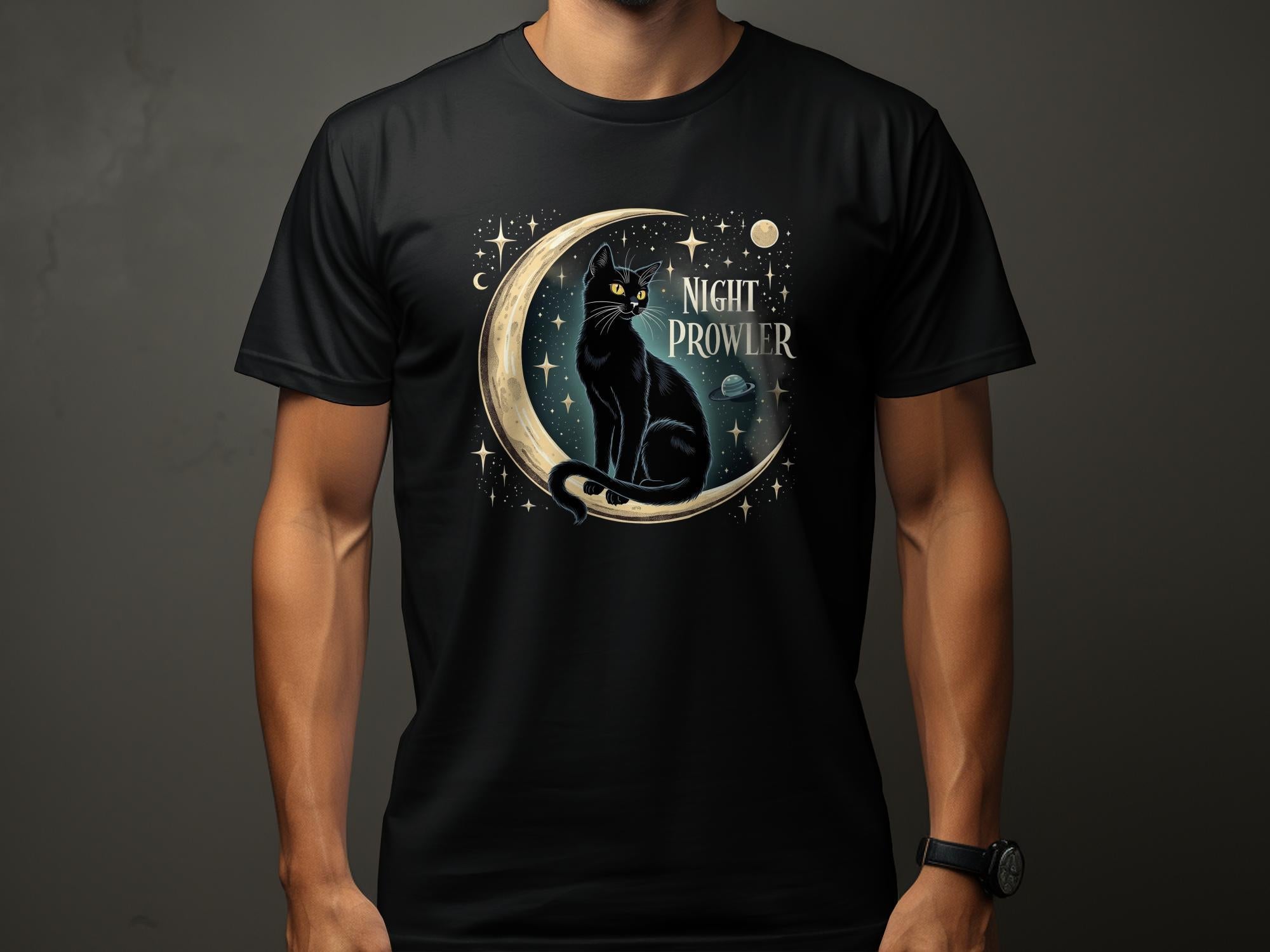 Night Prowler Cat T-Shirt, Black Cat Moon Design, Cosmic Space Tee, Cat Lover Gift, Mystical Cat Shirt, Celestial Cat Apparel - Craig Michael Design