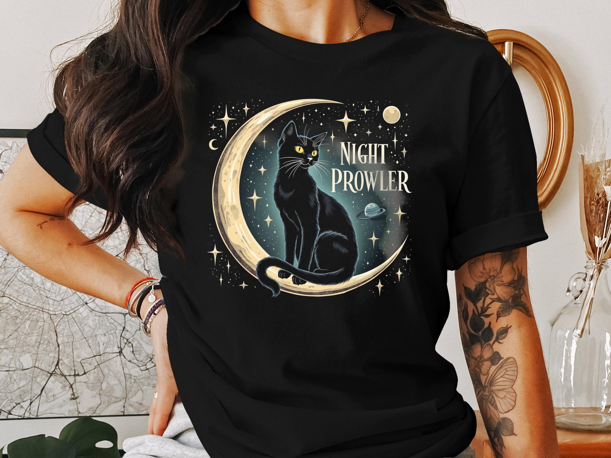 Night Prowler Cat T-Shirt, Black Cat Moon Design, Cosmic Space Tee, Cat Lover Gift, Mystical Cat Shirt, Celestial Cat Apparel - Craig Michael Design