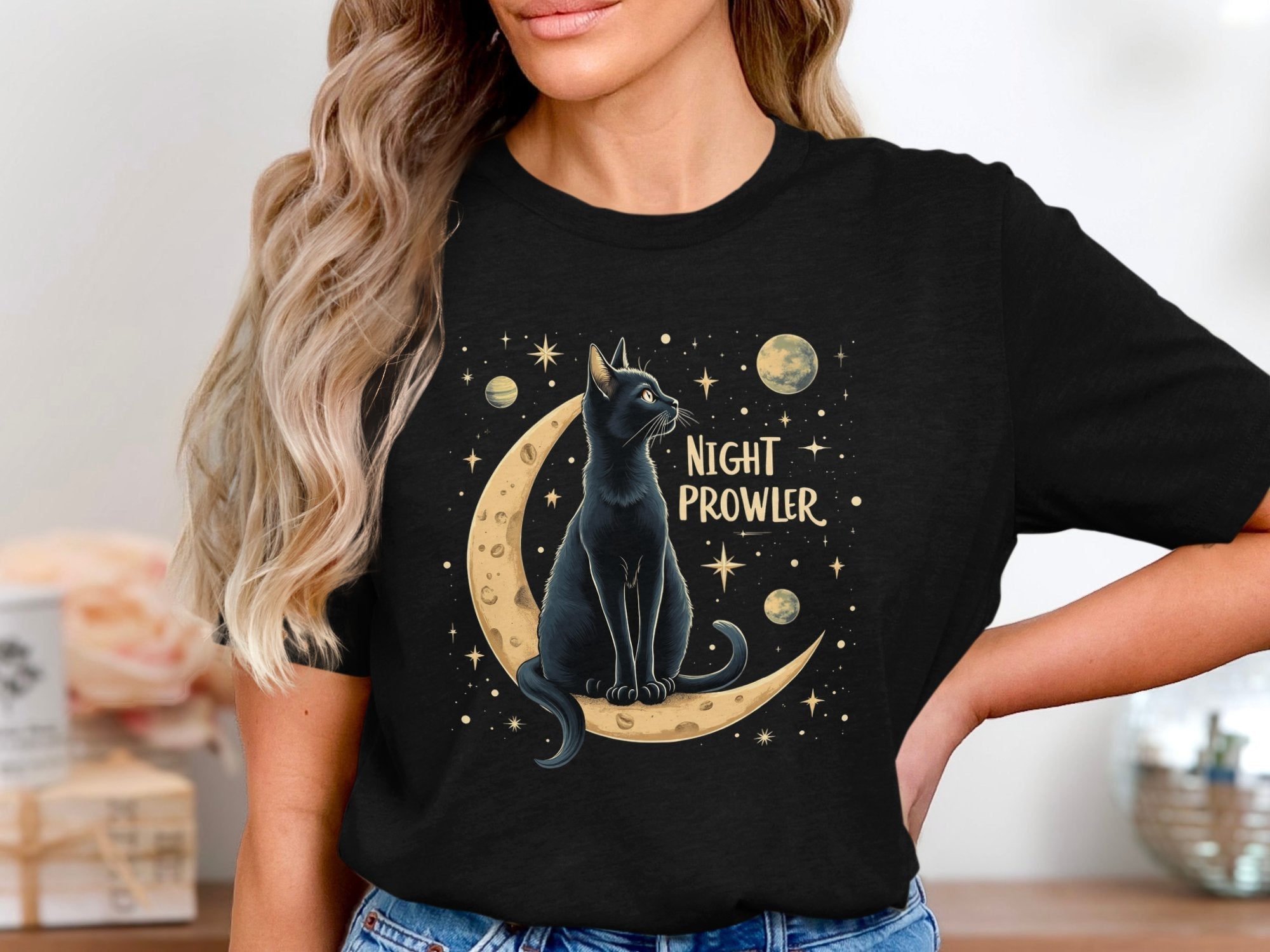 Night Prowler Cat T Shirt, Black Cat Moon Design Tee, Celestial Cats Graphic Shirt, Space Lover Cat Shirt Gift, Trendy Cat Lover Tee - Craig Michael Design