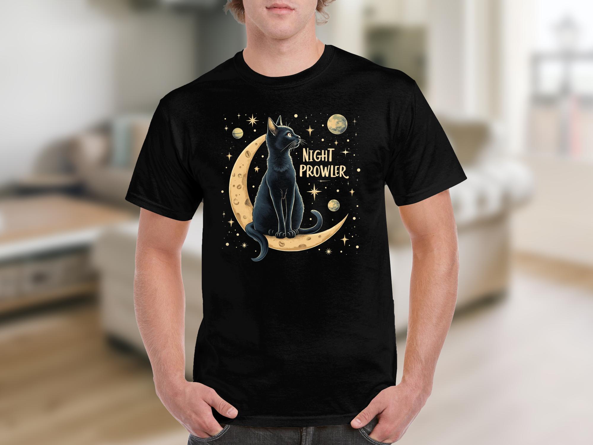 Night Prowler Cat T Shirt, Black Cat Moon Design Tee, Celestial Cats Graphic Shirt, Space Lover Cat Shirt Gift, Trendy Cat Lover Tee - Craig Michael Design