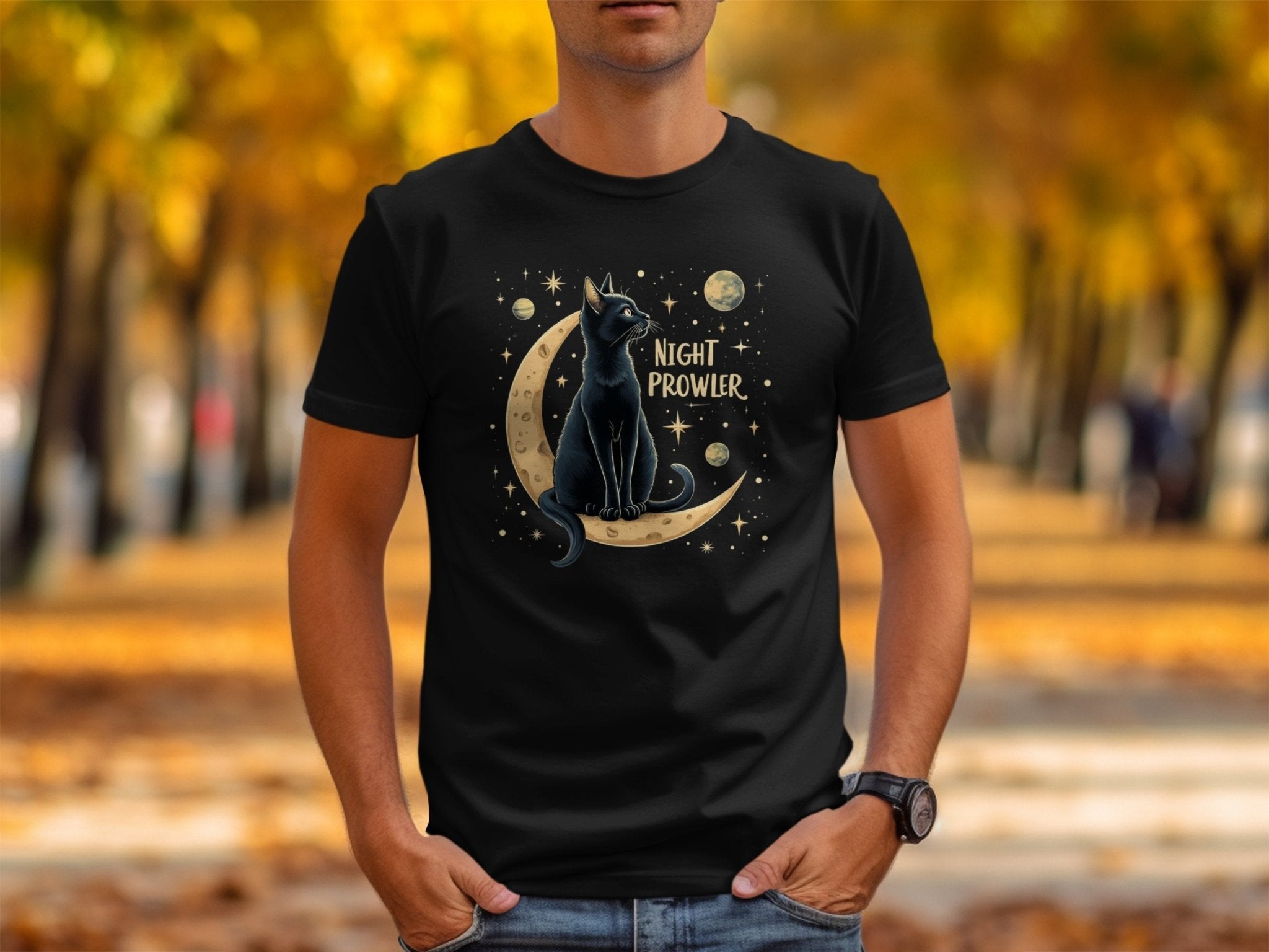 Night Prowler Cat T Shirt, Black Cat Moon Design Tee, Celestial Cats Graphic Shirt, Space Lover Cat Shirt Gift, Trendy Cat Lover Tee - Craig Michael Design