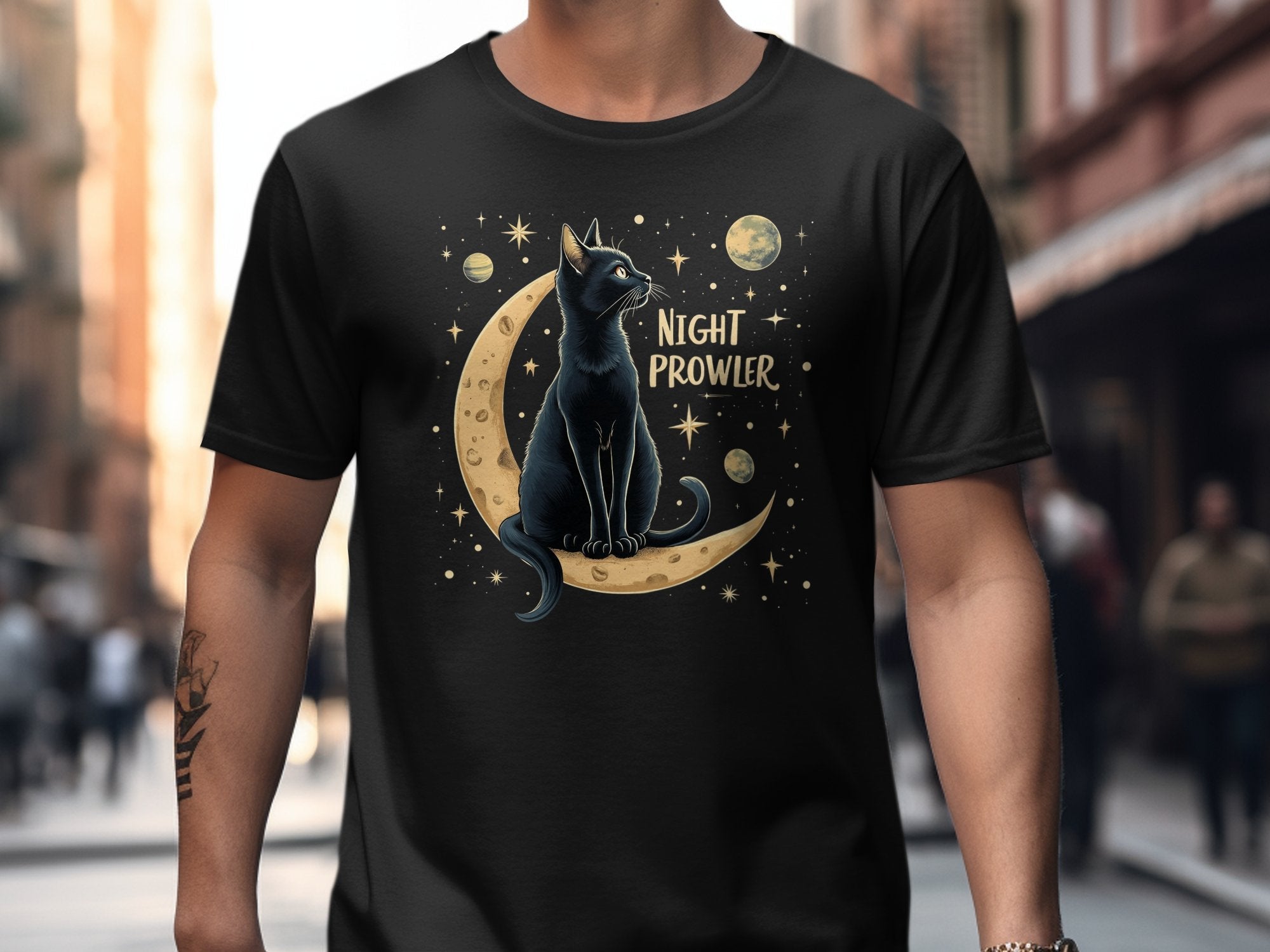 Night Prowler Cat T Shirt, Black Cat Moon Design Tee, Celestial Cats Graphic Shirt, Space Lover Cat Shirt Gift, Trendy Cat Lover Tee - Craig Michael Design