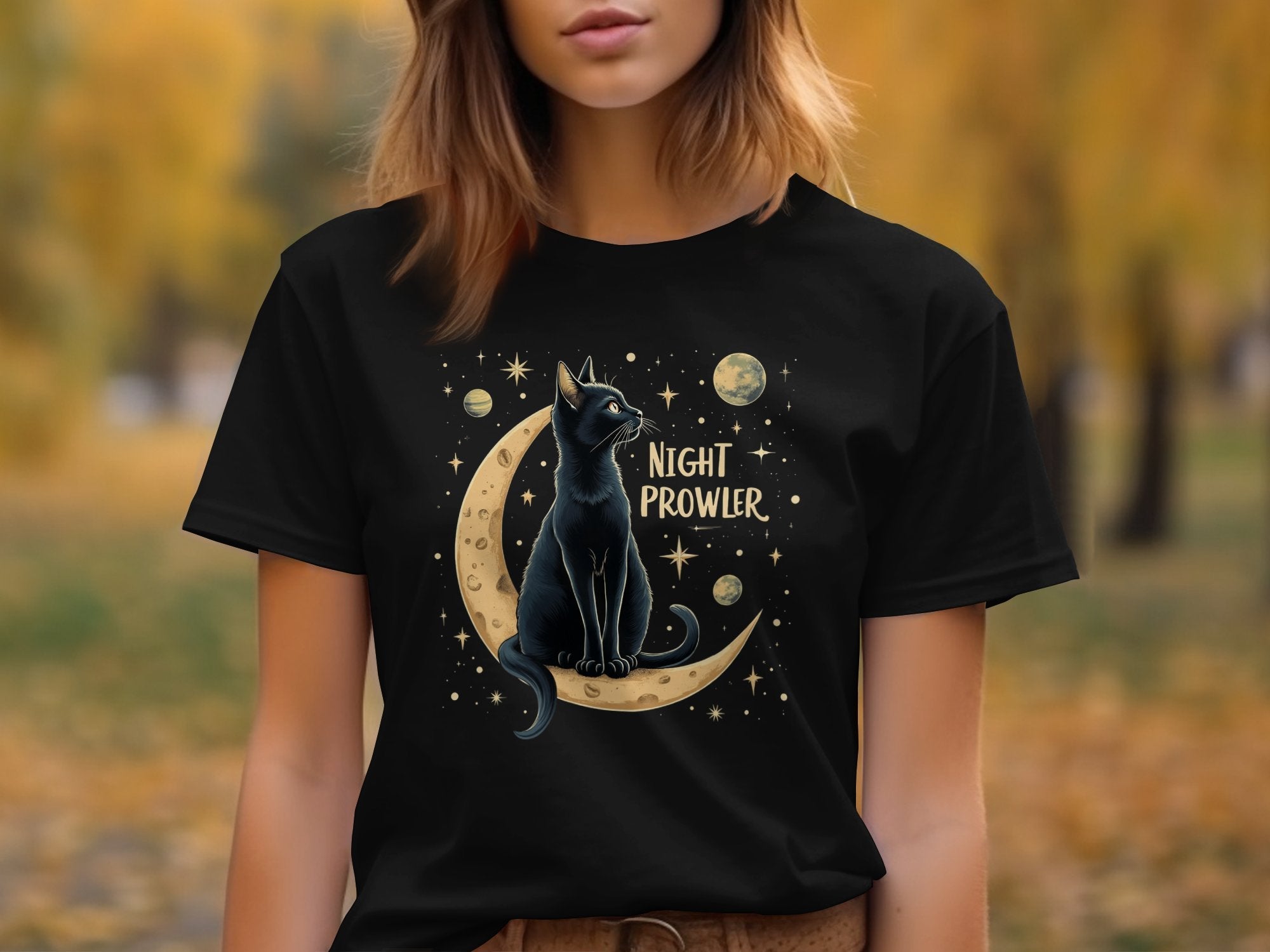 Night Prowler Cat T Shirt, Black Cat Moon Design Tee, Celestial Cats Graphic Shirt, Space Lover Cat Shirt Gift, Trendy Cat Lover Tee - Craig Michael Design