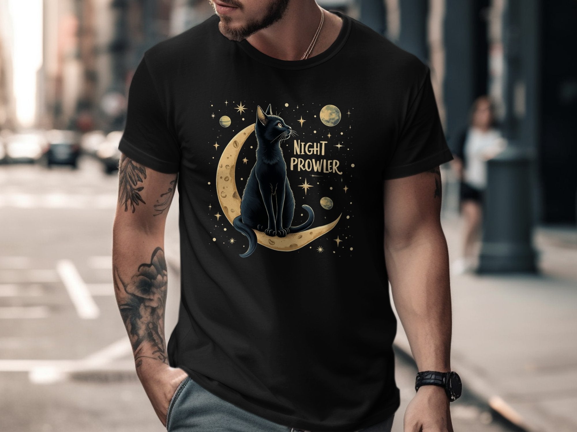 Night Prowler Cat T Shirt, Black Cat Moon Design Tee, Celestial Cats Graphic Shirt, Space Lover Cat Shirt Gift, Trendy Cat Lover Tee - Craig Michael Design