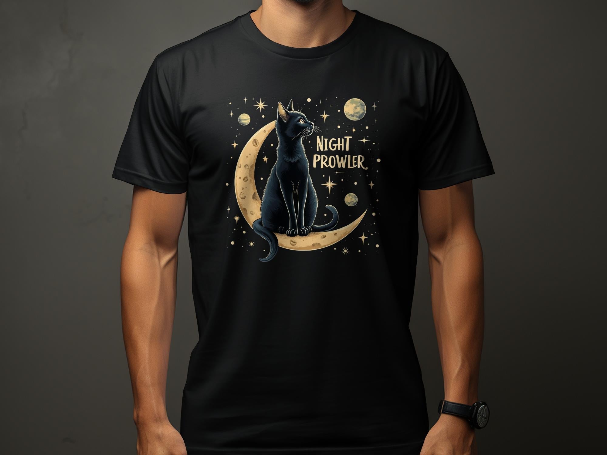 Night Prowler Cat T Shirt, Black Cat Moon Design Tee, Celestial Cats Graphic Shirt, Space Lover Cat Shirt Gift, Trendy Cat Lover Tee - Craig Michael Design