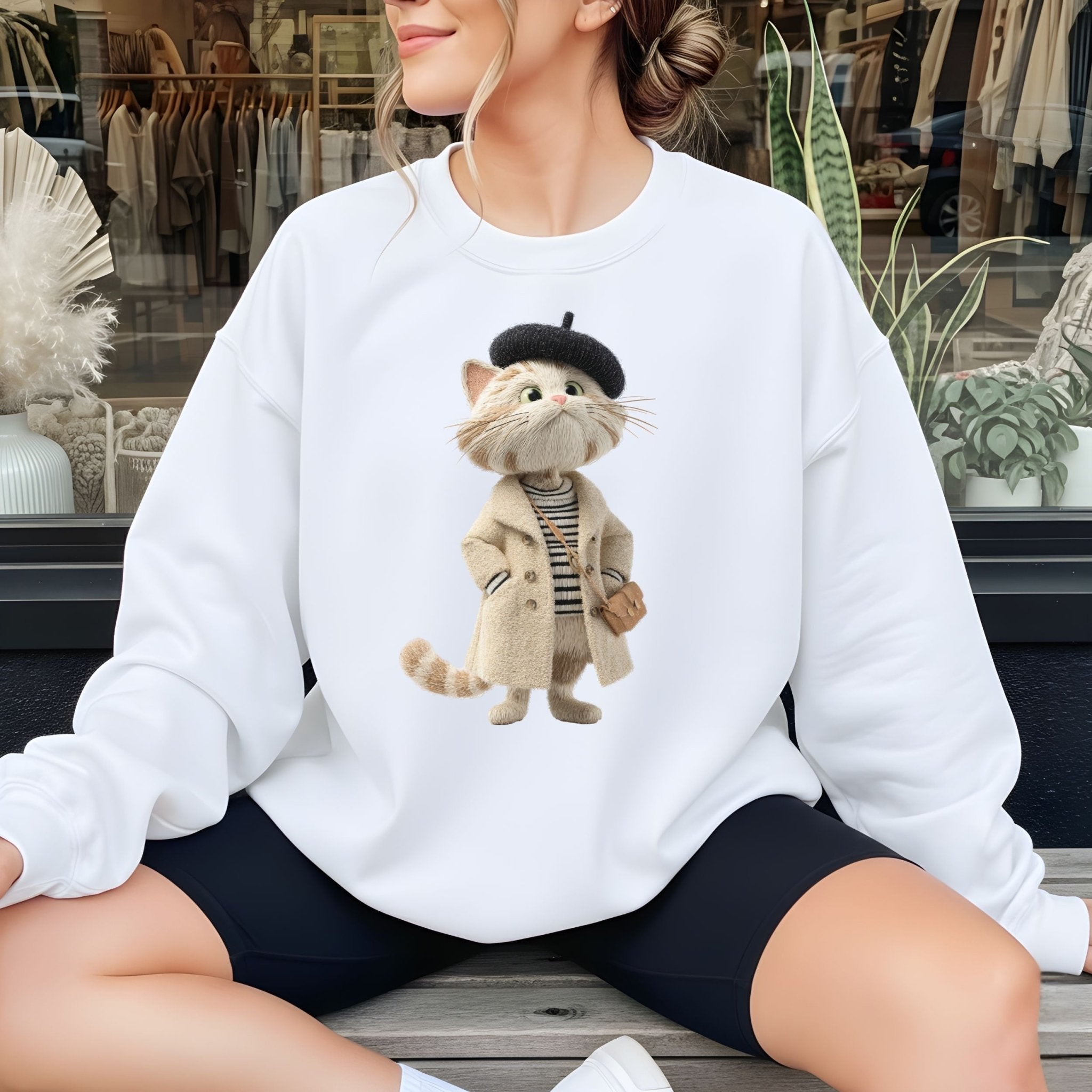 Parisian Cat Sweatshirt, French Beret Cat Crewneck, Embroidered - Style Cozy Cat Sweatshirt, Cute Fall Aesthetic Sweater, Cat Lover Gift - Craig Michael Design