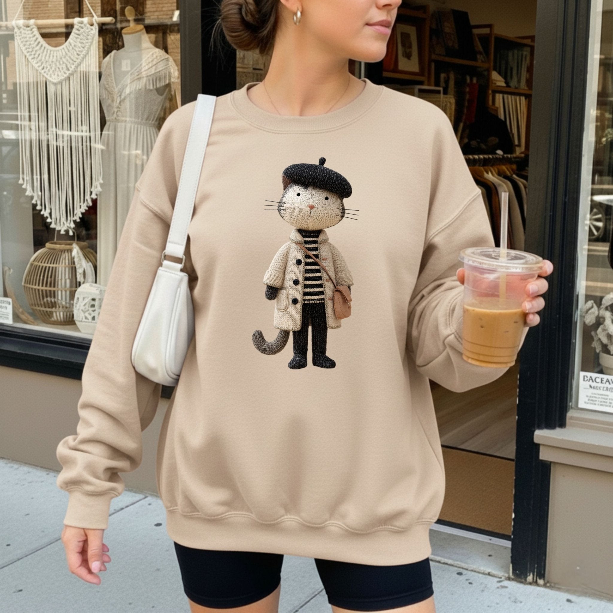 Parisian Cat Sweatshirt, French Beret Cat Crewneck, Embroidered - Style Minimalist Cat Sweater, Cozy Aesthetic Sweatshirt, Cat Lover Gift - Craig Michael Design