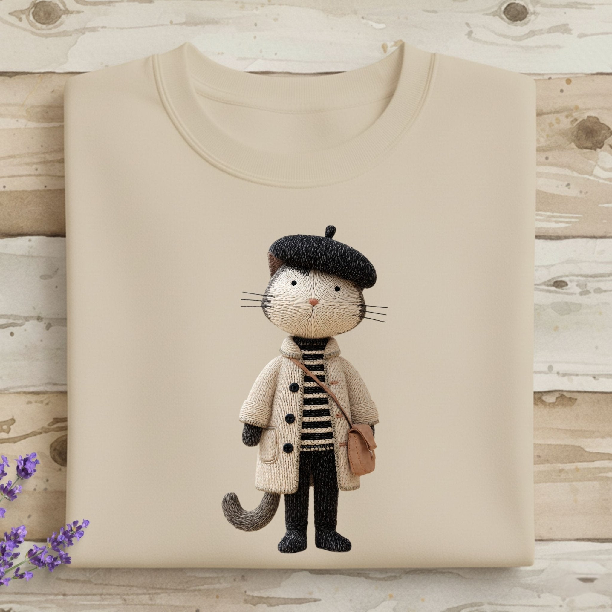 Parisian Cat Sweatshirt, French Beret Cat Crewneck, Embroidered - Style Minimalist Cat Sweater, Cozy Aesthetic Sweatshirt, Cat Lover Gift - Craig Michael Design