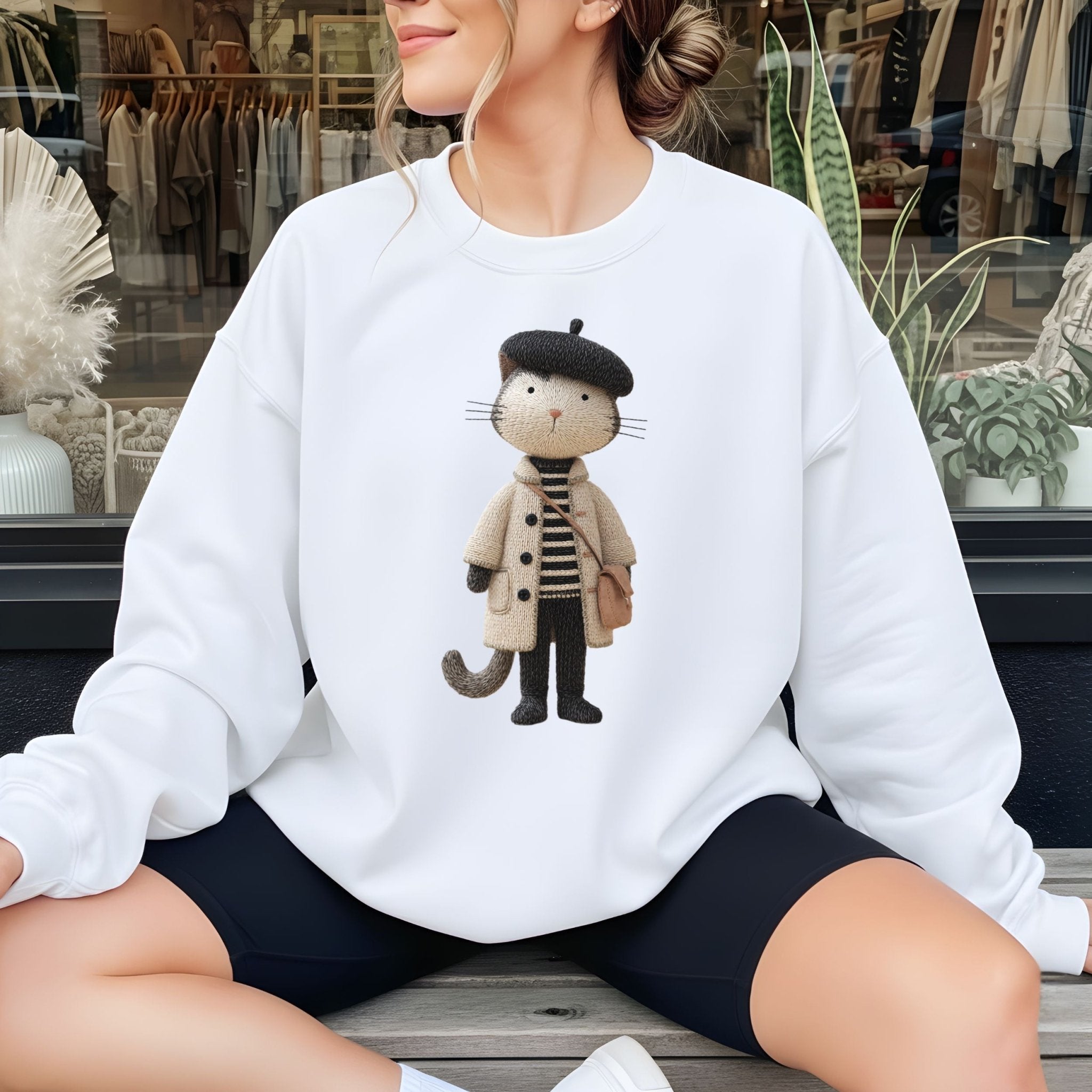 Parisian Cat Sweatshirt, French Beret Cat Crewneck, Embroidered - Style Minimalist Cat Sweater, Cozy Aesthetic Sweatshirt, Cat Lover Gift - Craig Michael Design