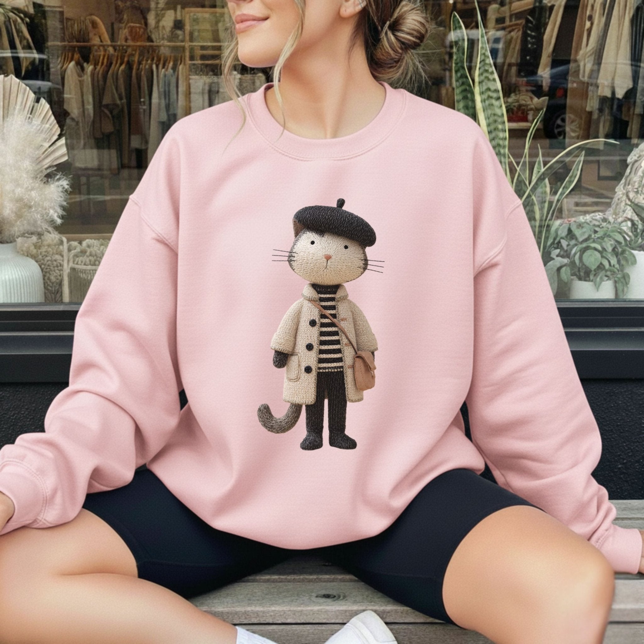 Parisian Cat Sweatshirt, French Beret Cat Crewneck, Embroidered - Style Minimalist Cat Sweater, Cozy Aesthetic Sweatshirt, Cat Lover Gift - Craig Michael Design