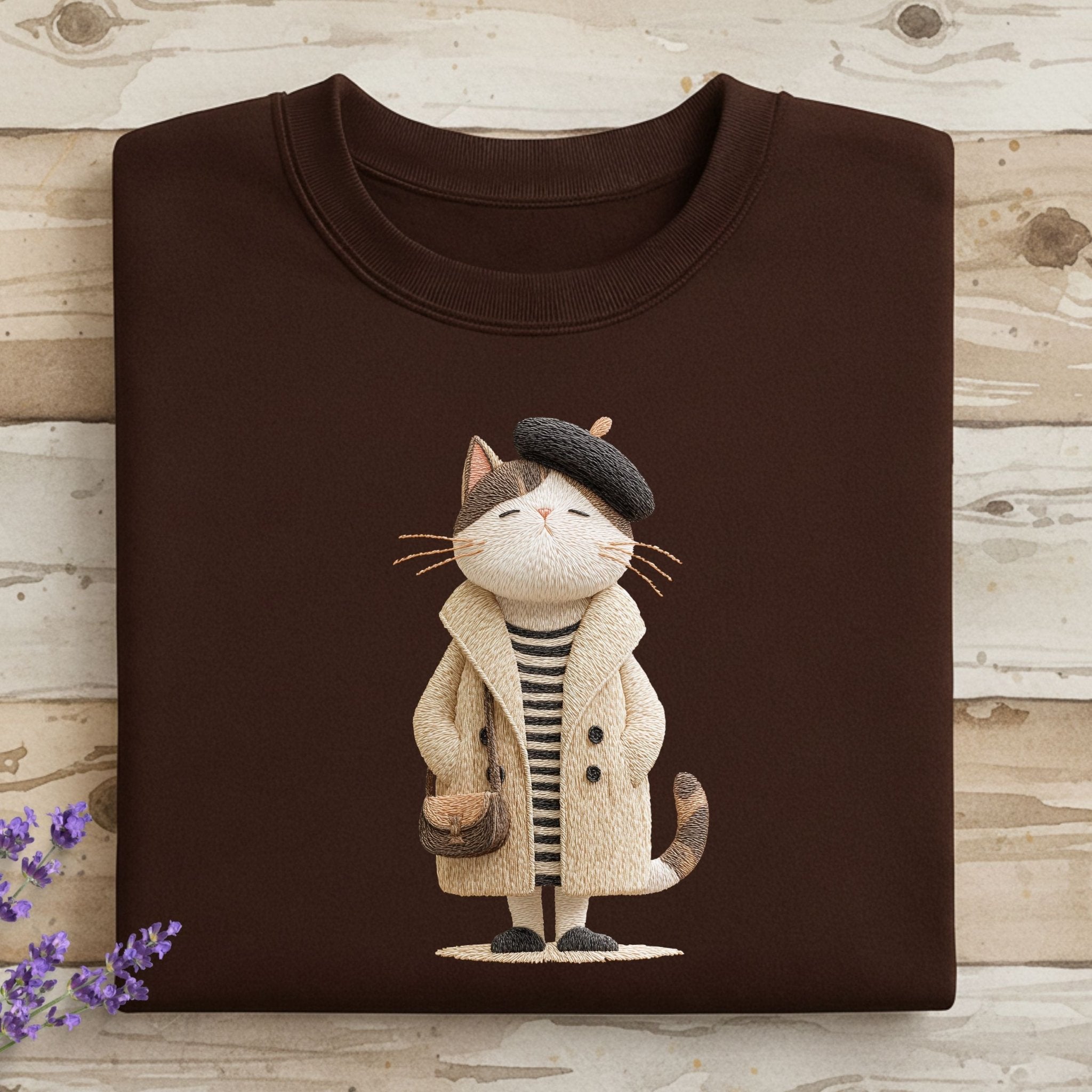 Parisian Cat Sweatshirt, French Style Embroidered - Style Cat Crewneck, Cute Fall Women’s Sweatshirt, Cozy Aesthetic Cat Lover Gift - Craig Michael Design