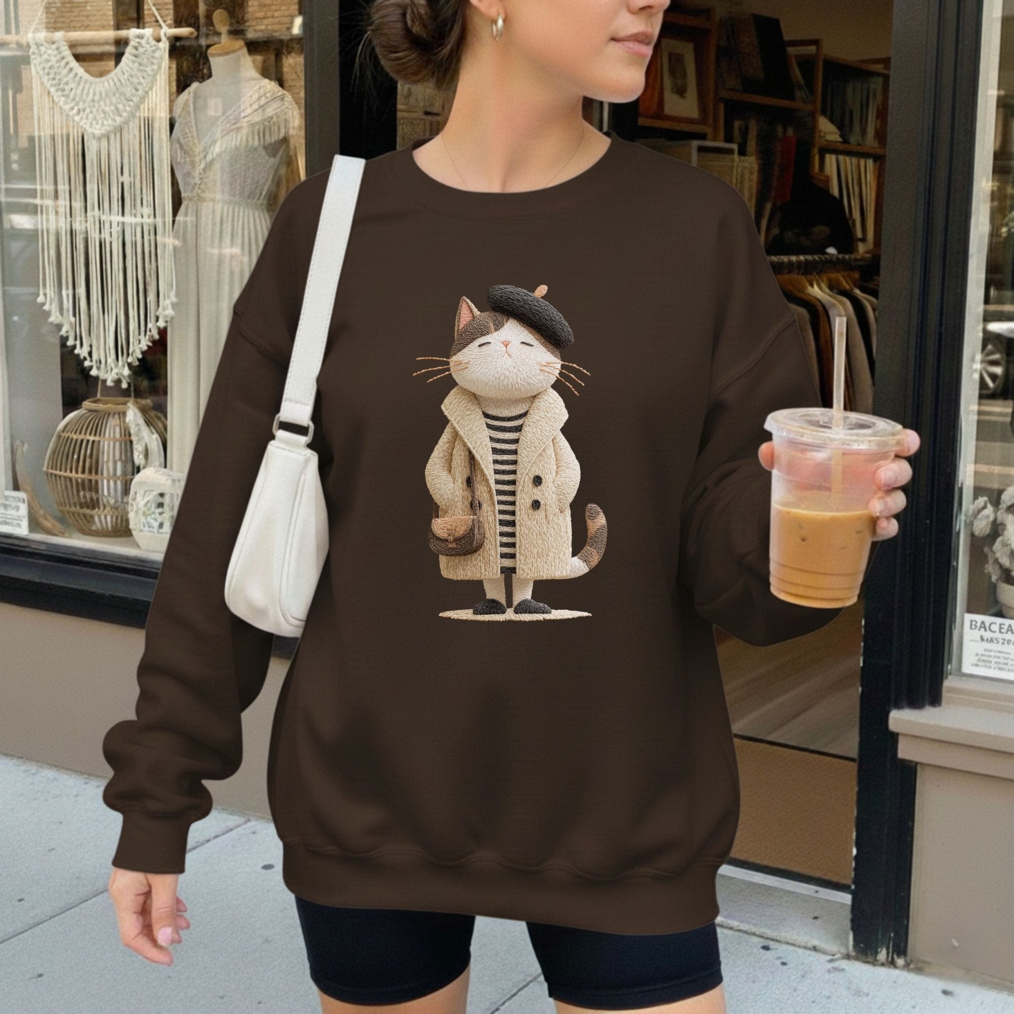Parisian Cat Sweatshirt, French Style Embroidered - Style Cat Crewneck, Cute Fall Women’s Sweatshirt, Cozy Aesthetic Cat Lover Gift - Craig Michael Design