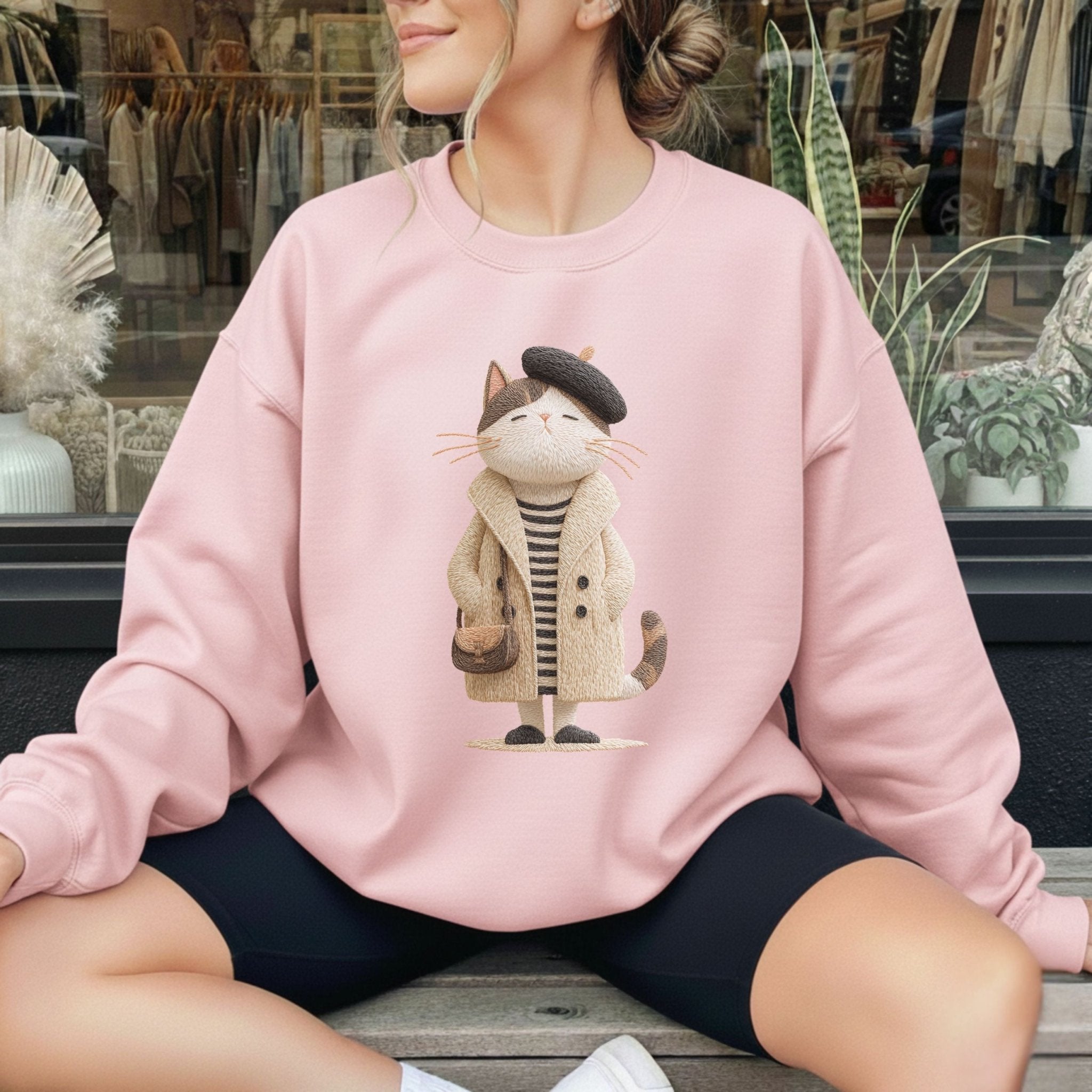 Parisian Cat Sweatshirt, French Style Embroidered - Style Cat Crewneck, Cute Fall Women’s Sweatshirt, Cozy Aesthetic Cat Lover Gift - Craig Michael Design