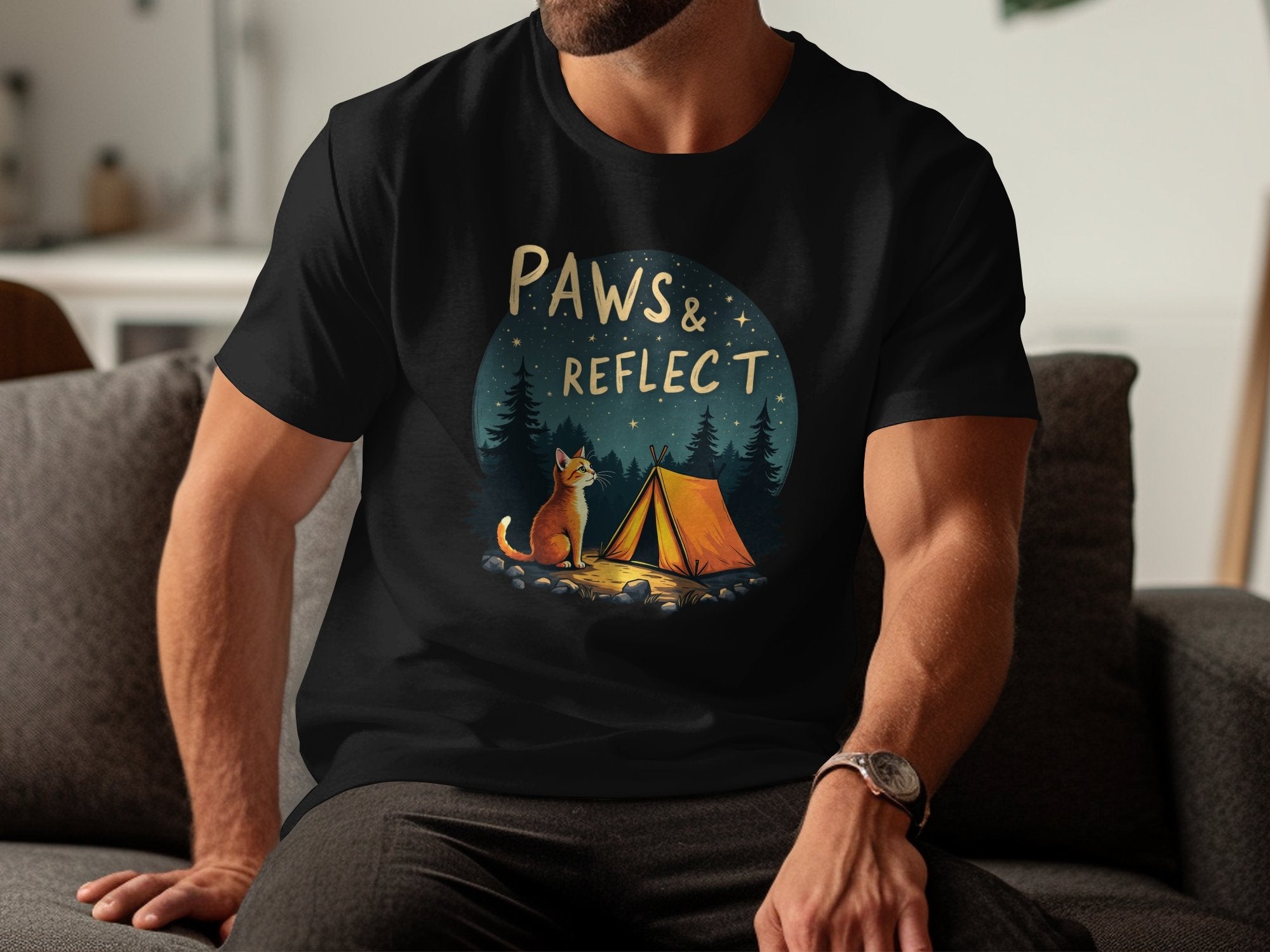 Paws and Reflect Cat Camping T-Shirt, Cute Outdoor, Cat T-Shirt, Nature Lovers Gift, Fun Animal Tee, Camping Adventure Top - Craig Michael Design