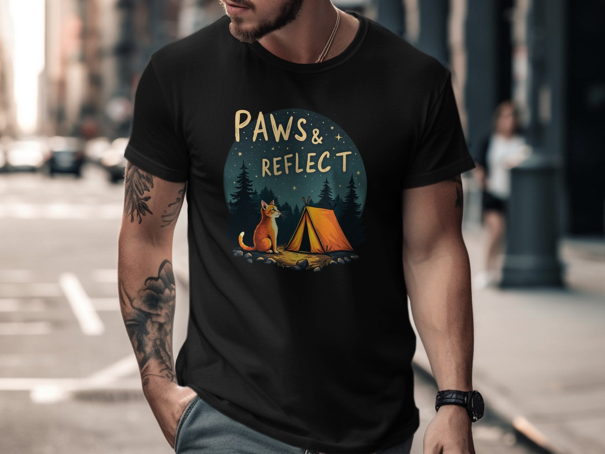 Paws and Reflect Cat Camping T-Shirt, Cute Outdoor, Cat T-Shirt, Nature Lovers Gift, Fun Animal Tee, Camping Adventure Top - Craig Michael Design