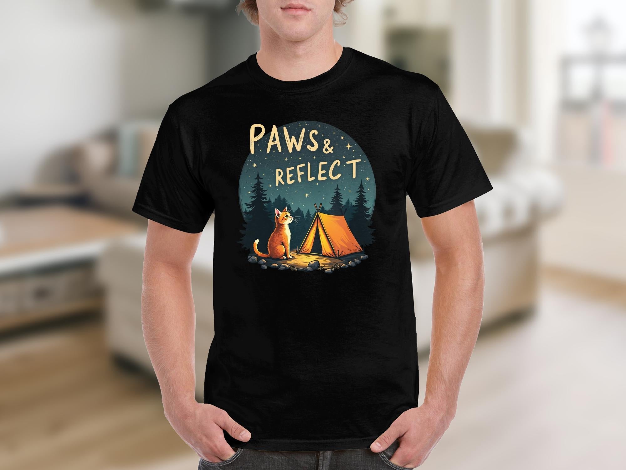 Paws and Reflect Cat Camping T-Shirt, Cute Outdoor, Cat T-Shirt, Nature Lovers Gift, Fun Animal Tee, Camping Adventure Top - Craig Michael Design