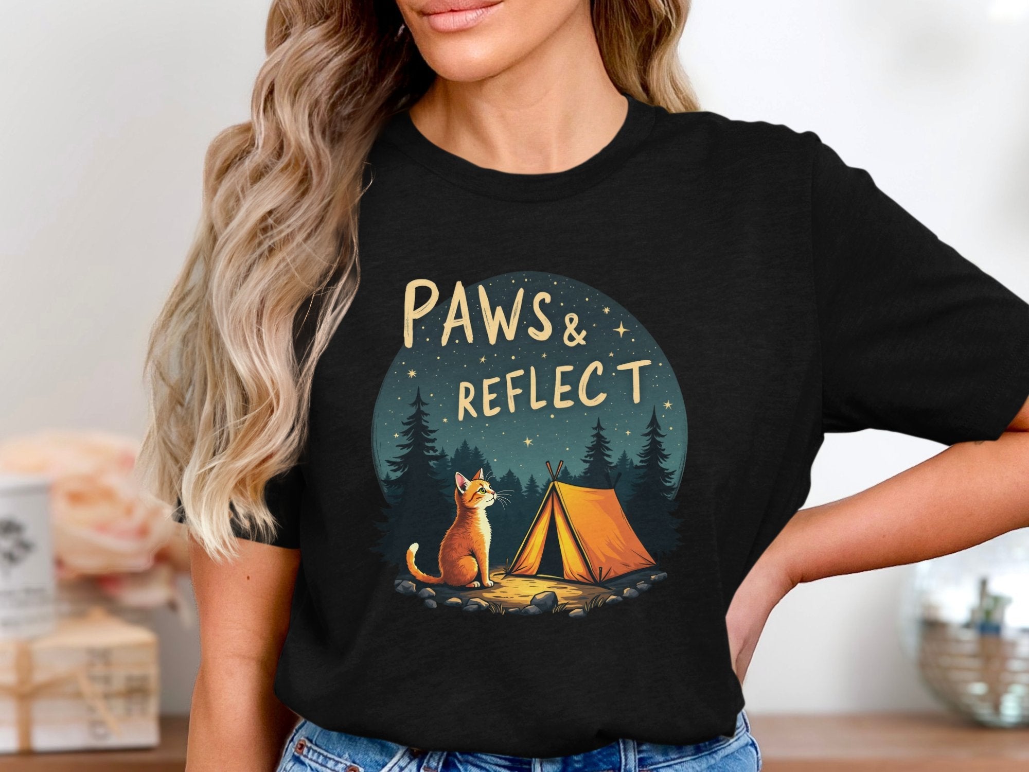 Paws and Reflect Cat Camping T-Shirt, Cute Outdoor, Cat T-Shirt, Nature Lovers Gift, Fun Animal Tee, Camping Adventure Top - Craig Michael Design