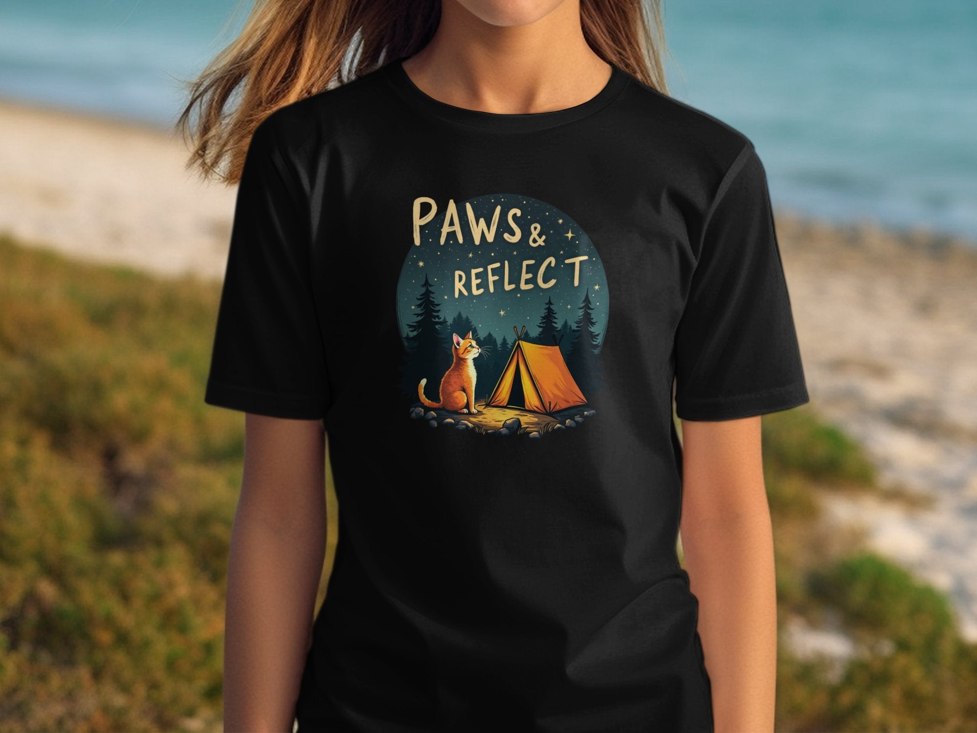 Paws and Reflect Cat Camping T-Shirt, Cute Outdoor, Cat T-Shirt, Nature Lovers Gift, Fun Animal Tee, Camping Adventure Top - Craig Michael Design