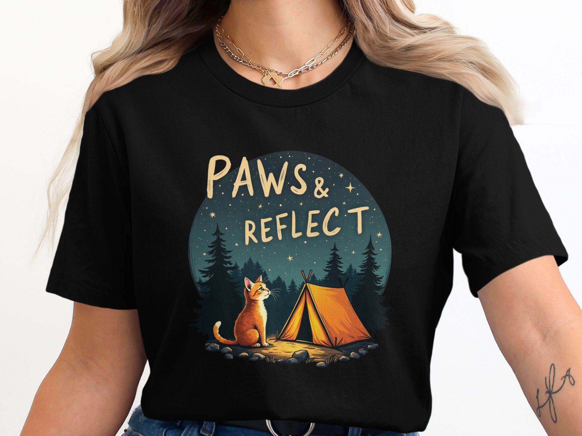 Paws and Reflect Cat Camping T-Shirt, Cute Outdoor, Cat T-Shirt, Nature Lovers Gift, Fun Animal Tee, Camping Adventure Top - Craig Michael Design