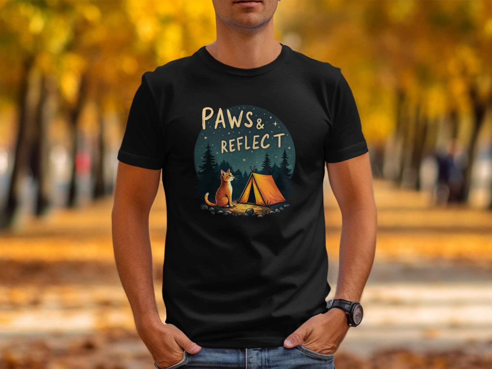 Paws and Reflect Cat Camping T-Shirt, Cute Outdoor, Cat T-Shirt, Nature Lovers Gift, Fun Animal Tee, Camping Adventure Top - Craig Michael Design