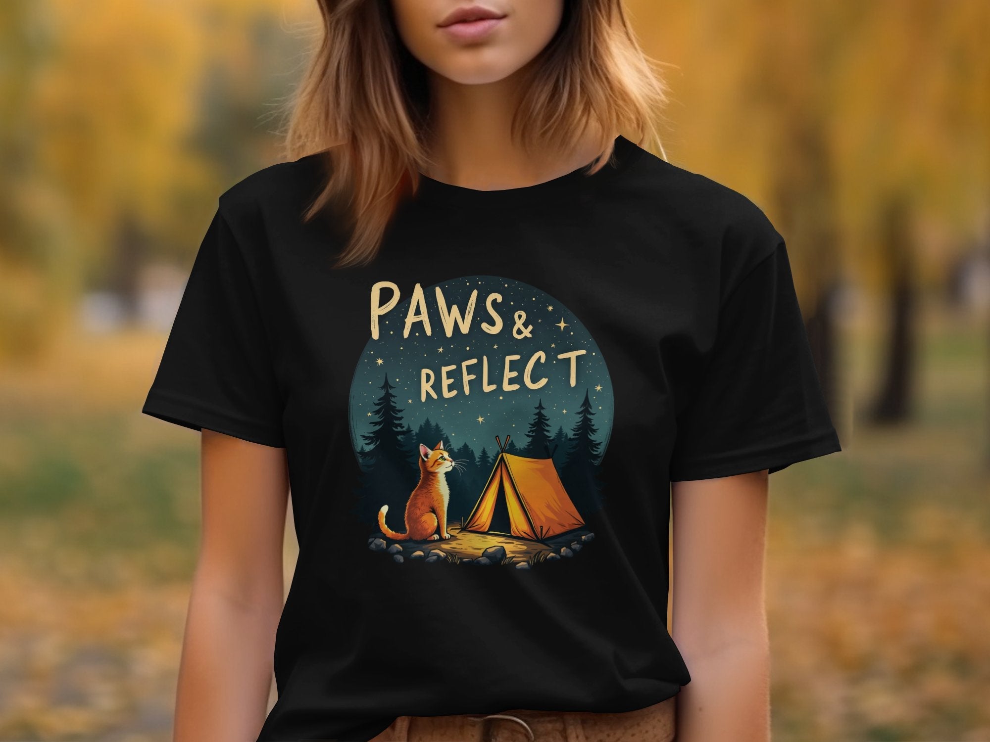 Paws and Reflect Cat Camping T-Shirt, Cute Outdoor, Cat T-Shirt, Nature Lovers Gift, Fun Animal Tee, Camping Adventure Top - Craig Michael Design