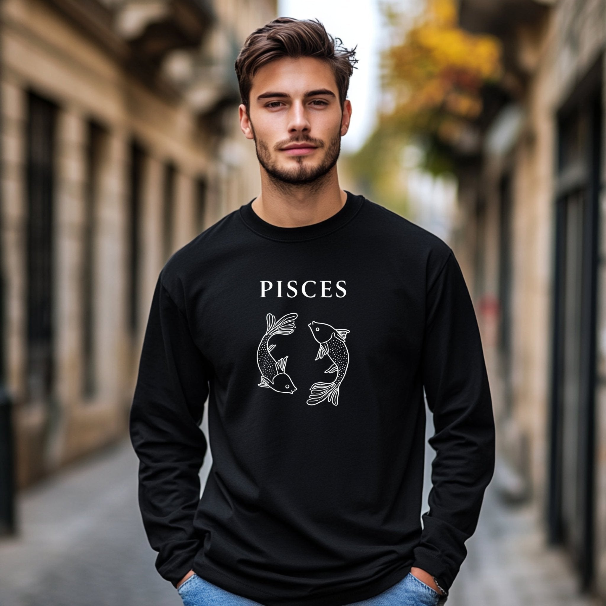 Pisces Zodiac Sign Long Sleeve T-Shirt, Astrology Gift Idea, Horoscope Apparel, Zodiac Birthday Shirt, Celestial Fish Design Tee - Craig Michael Design