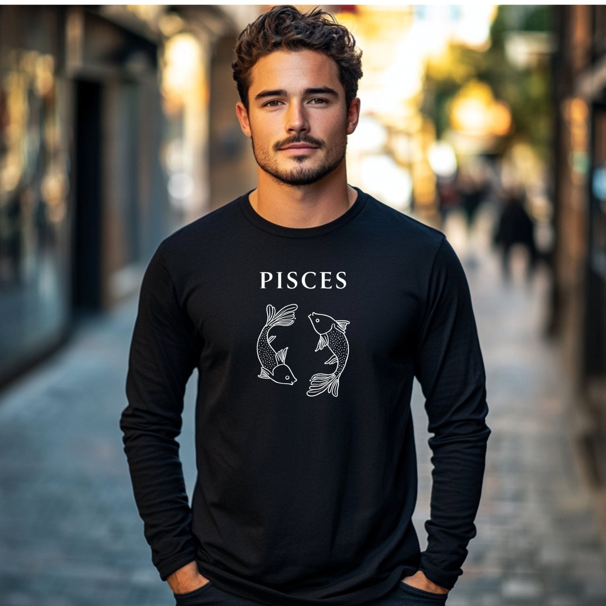 Pisces Zodiac Sign Long Sleeve T-Shirt, Astrology Gift Idea, Horoscope Apparel, Zodiac Birthday Shirt, Celestial Fish Design Tee - Craig Michael Design