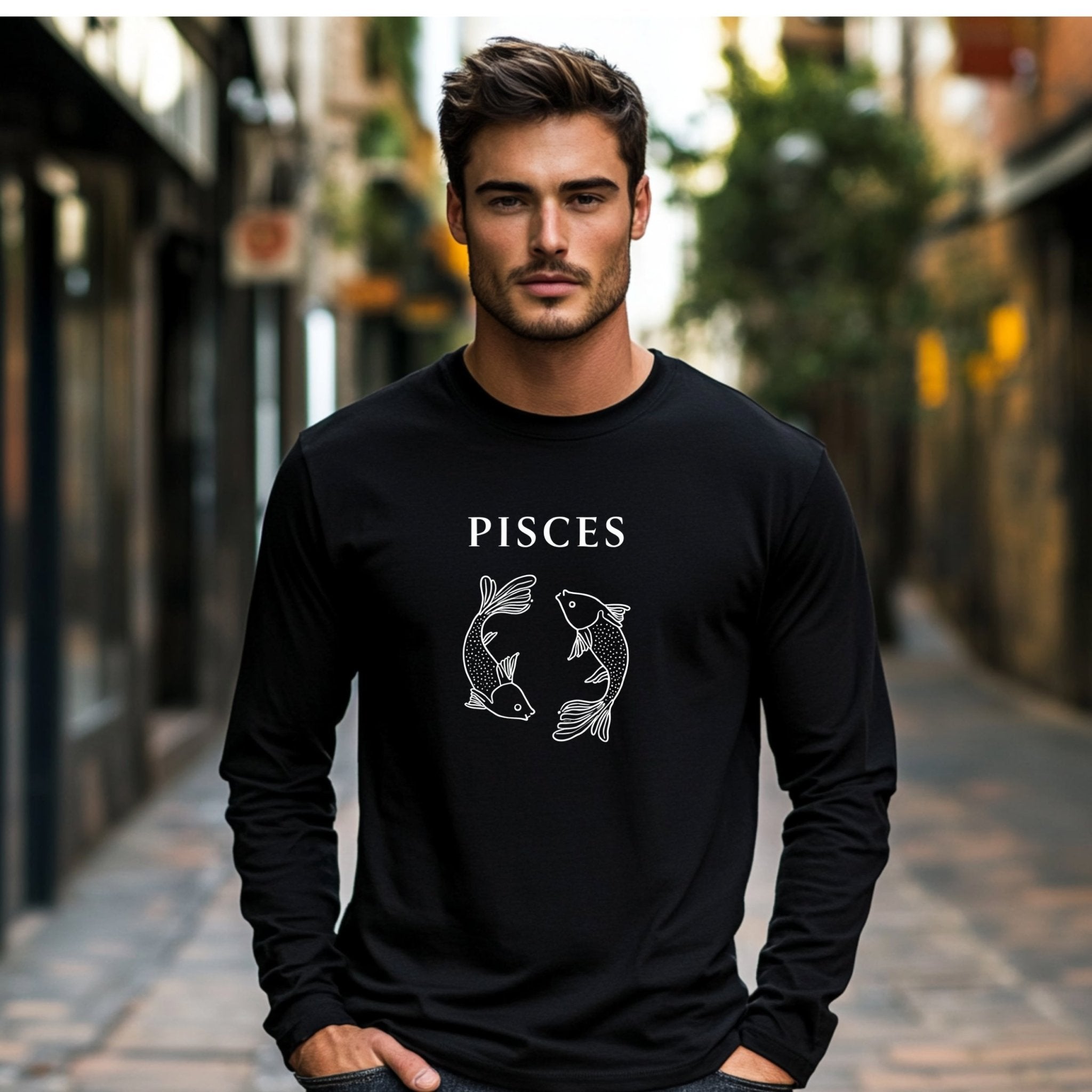 Pisces Zodiac Sign Long Sleeve T-Shirt, Astrology Gift Idea, Horoscope Apparel, Zodiac Birthday Shirt, Celestial Fish Design Tee - Craig Michael Design