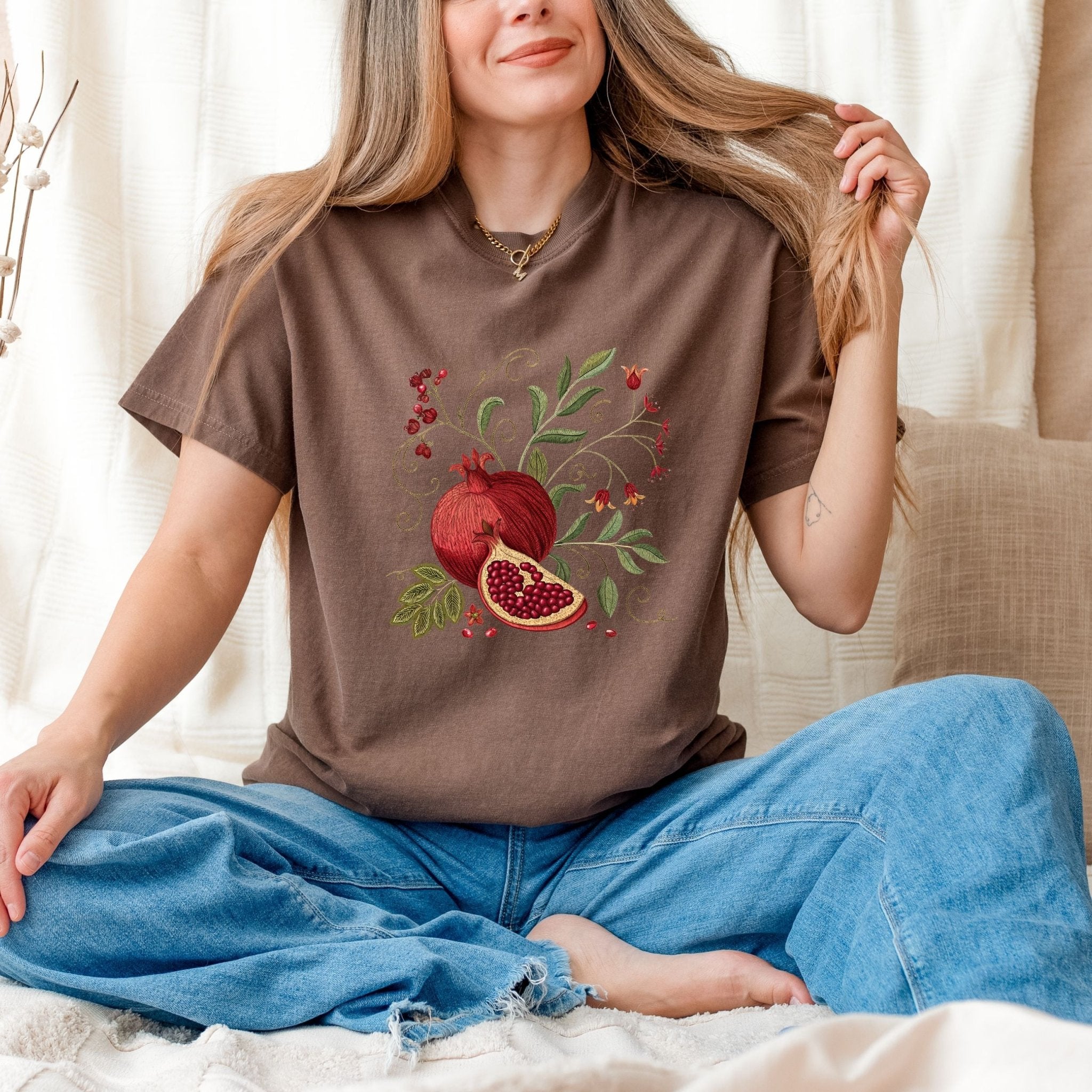 Pomegranate Cottagecore T-Shirt – Botanical Fruit Design - Craig Michael Design