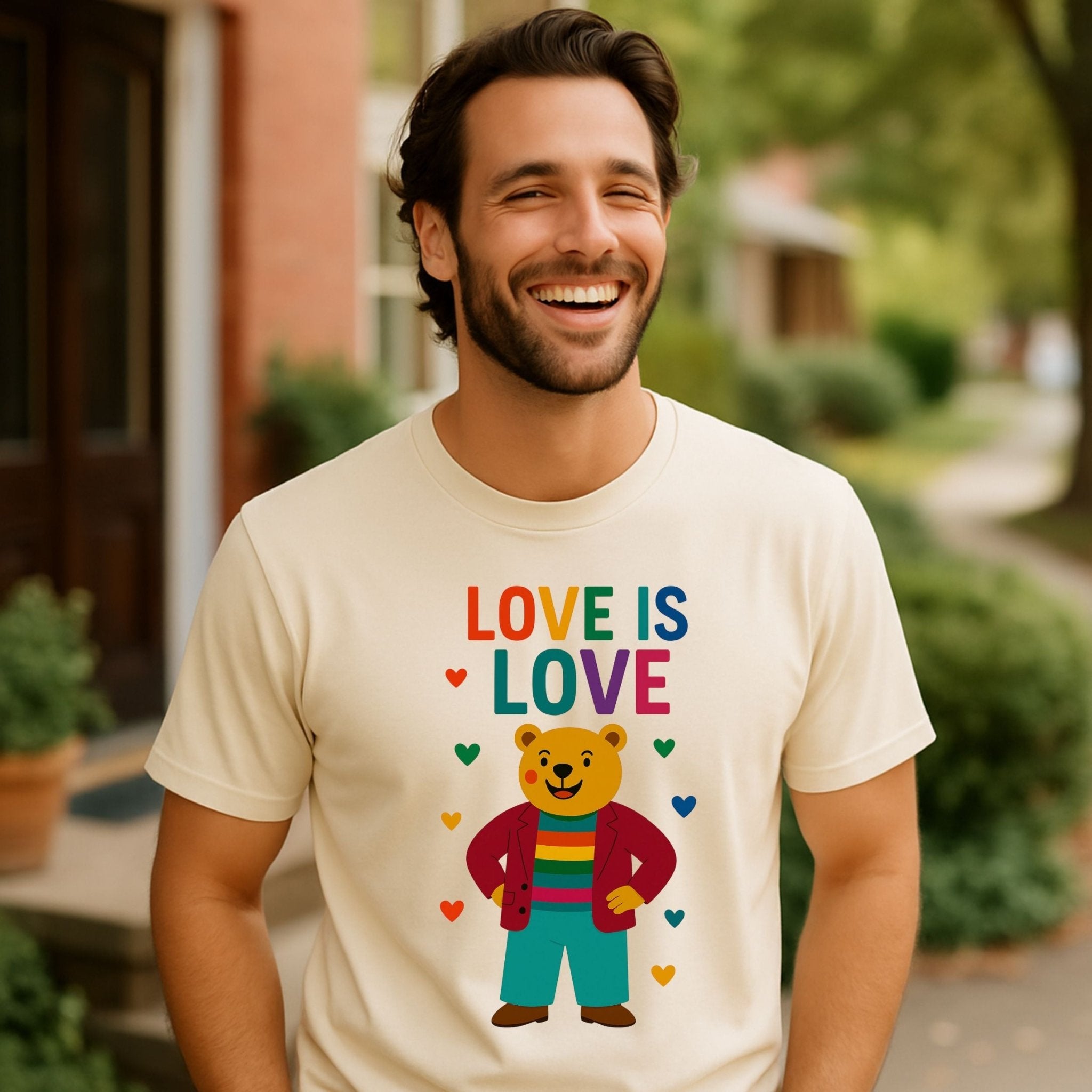 Pride Bear T-Shirt, Love Is Love LGBTQ Statement Tee, Rainbow Heart Cute Gay Gift for Him - Craig Michael Design
