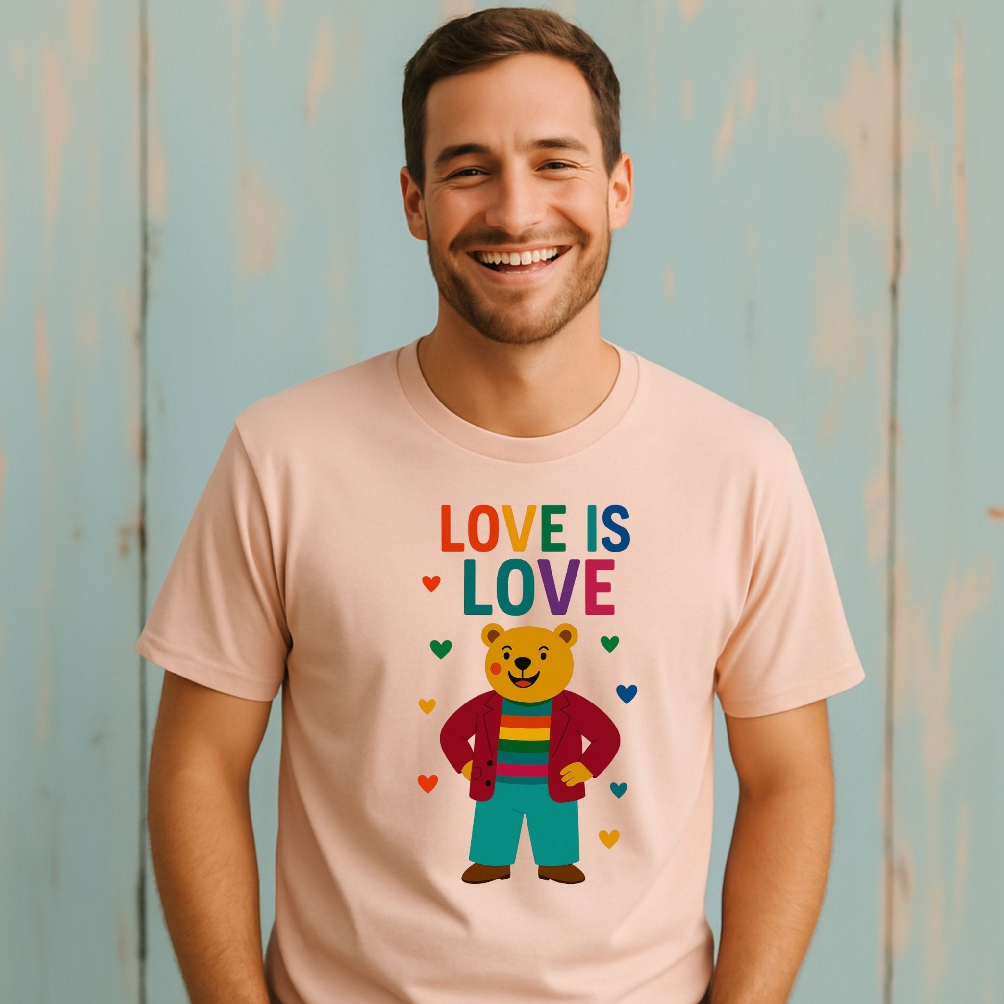 Pride Bear T-Shirt, Love Is Love LGBTQ Statement Tee, Rainbow Heart Cute Gay Gift for Him - Craig Michael Design