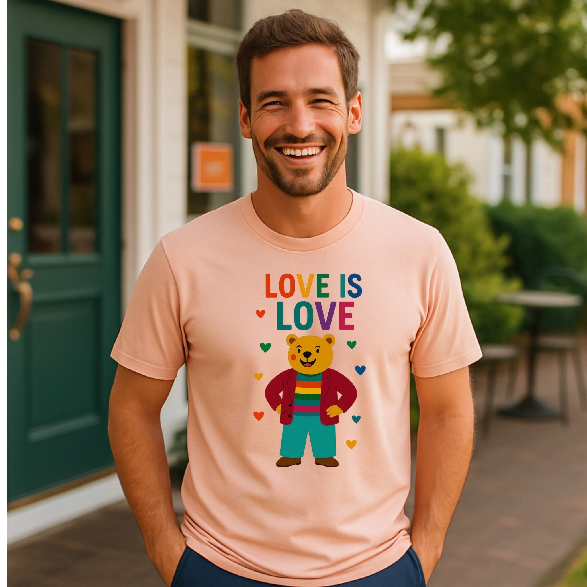 Pride Bear T-Shirt, Love Is Love LGBTQ Statement Tee, Rainbow Heart Cute Gay Gift for Him - Craig Michael Design
