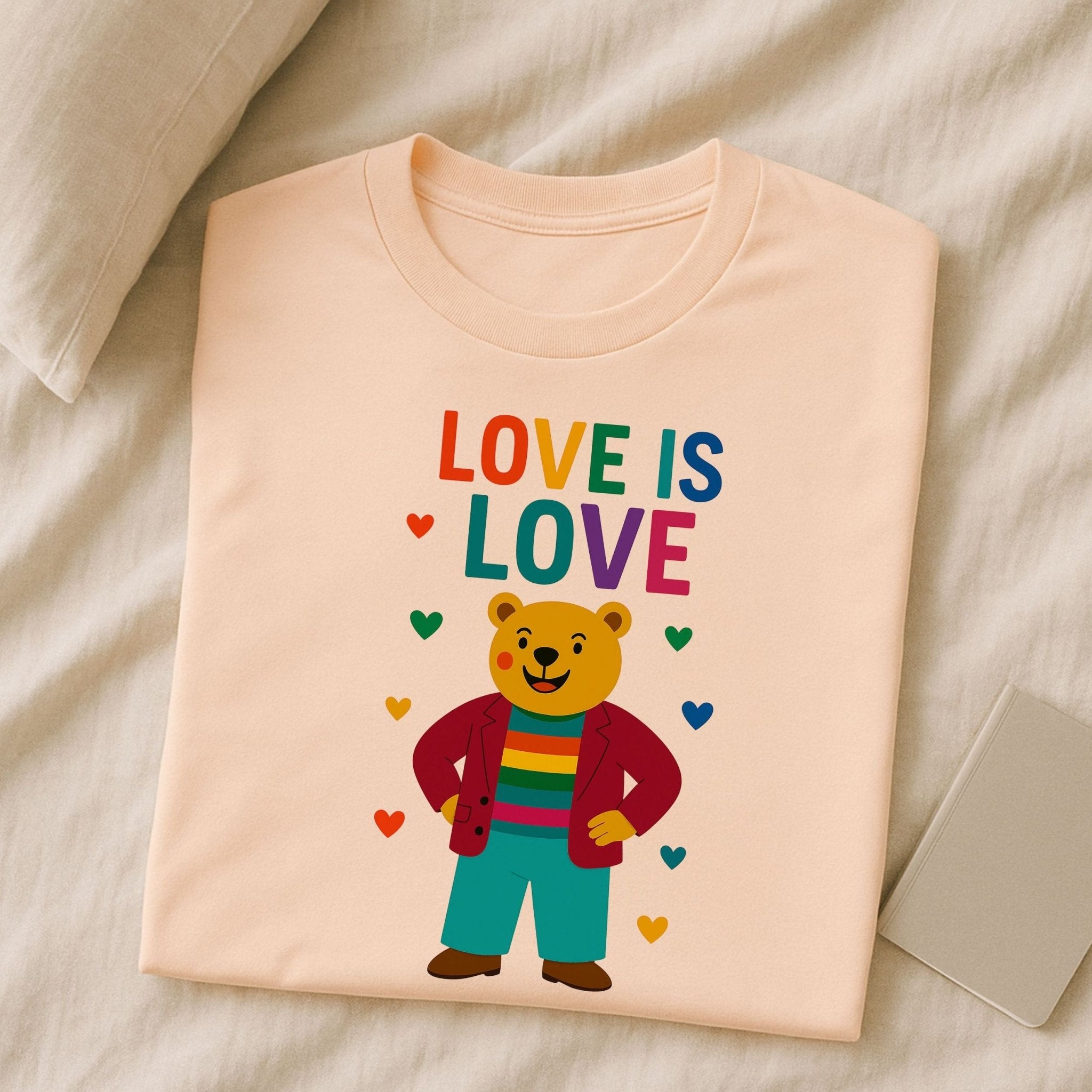 Pride Bear T-Shirt, Love Is Love LGBTQ Statement Tee, Rainbow Heart Cute Gay Gift for Him - Craig Michael Design