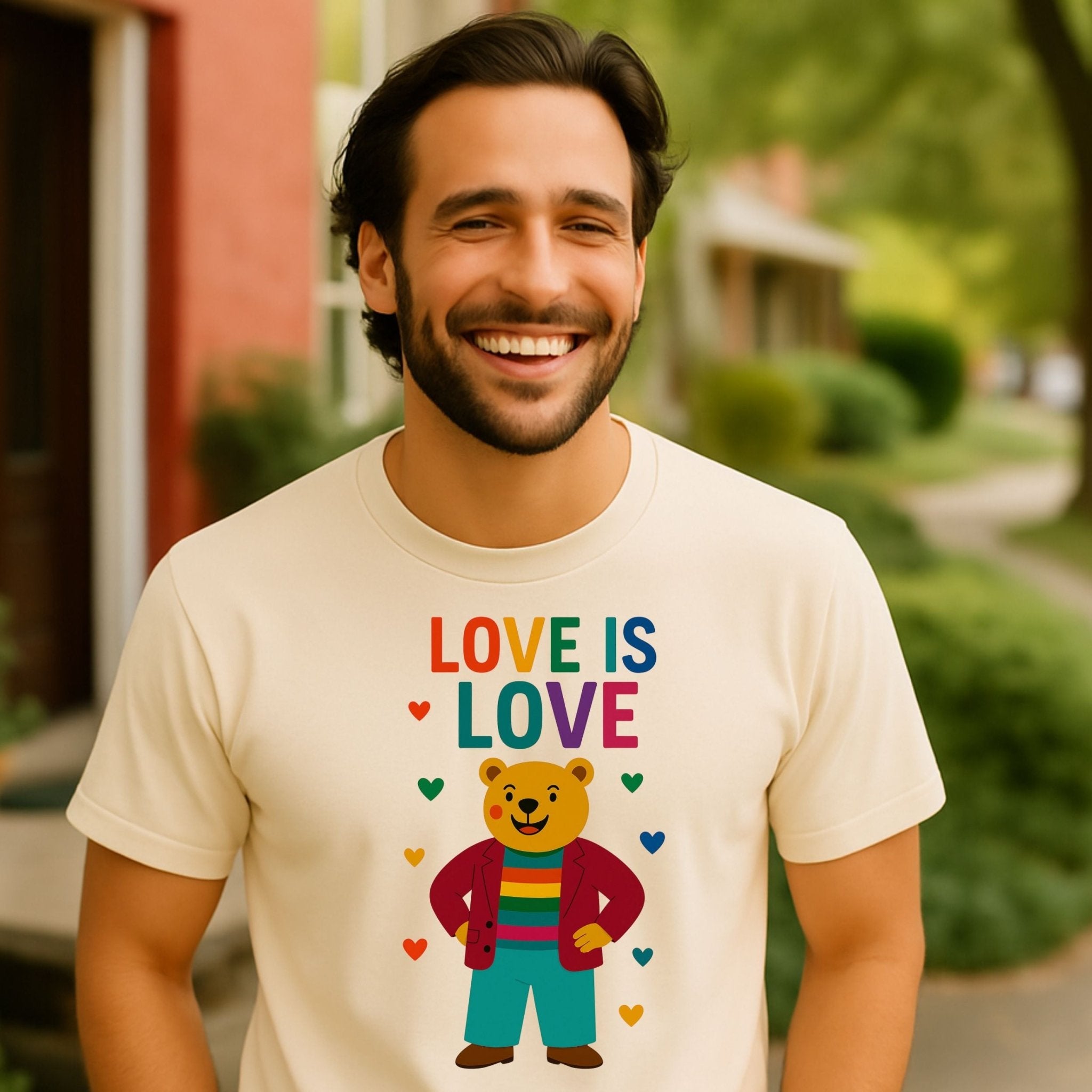 Pride Bear T-Shirt, Love Is Love LGBTQ Statement Tee, Rainbow Heart Cute Gay Gift for Him - Craig Michael Design