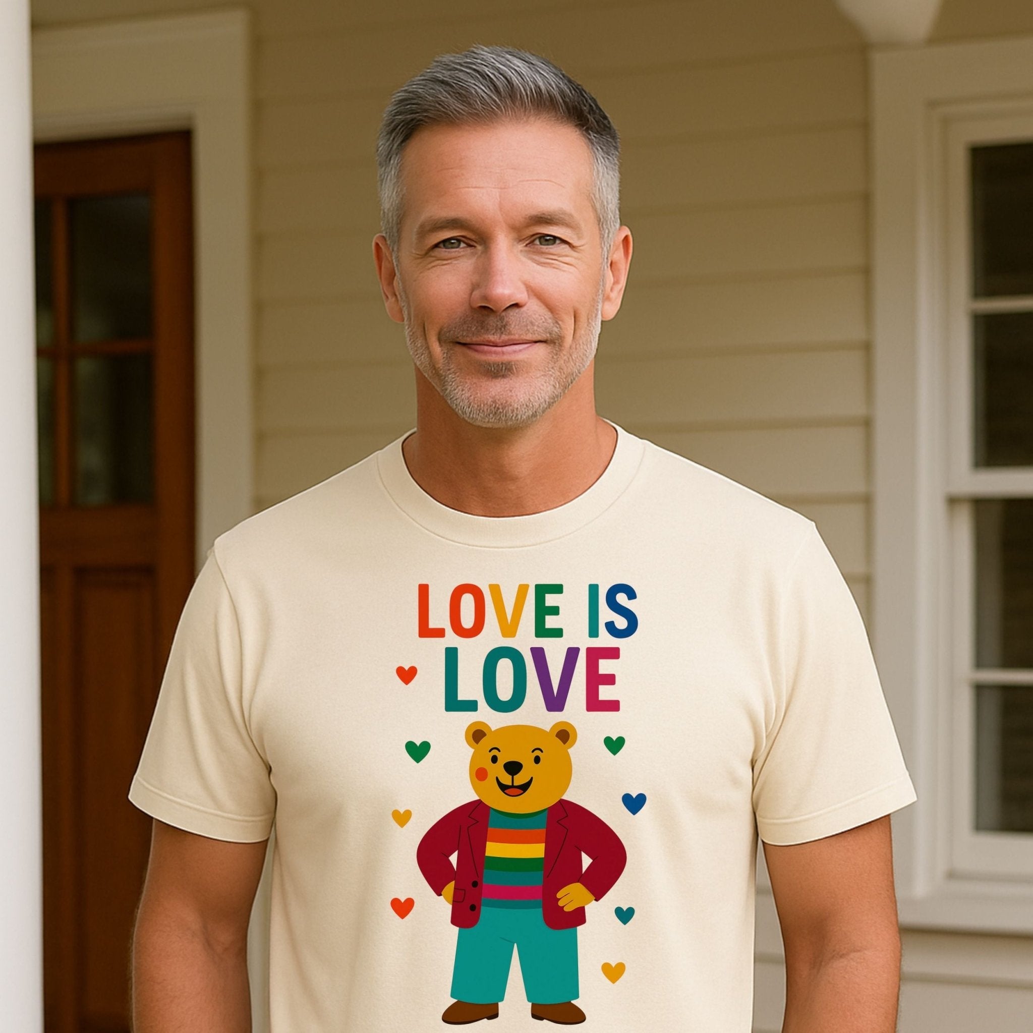 Pride Bear T-Shirt, Love Is Love LGBTQ Statement Tee, Rainbow Heart Cute Gay Gift for Him - Craig Michael Design