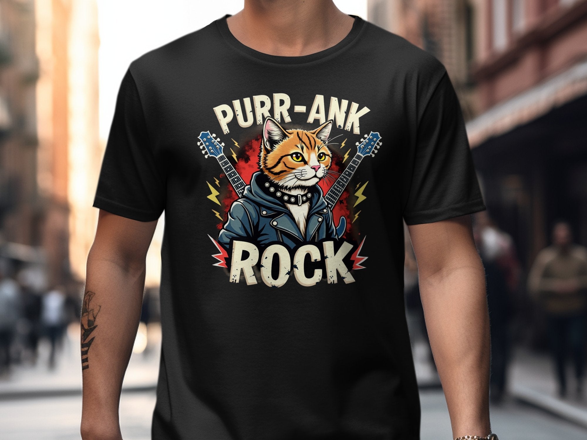 Purr - Ank Rock T-Shirt for Cat Lovers, Funny Cat Graphic Tee, Cool Cat and Guitar Design, Unique Gift Idea, Unisex - Craig Michael Design