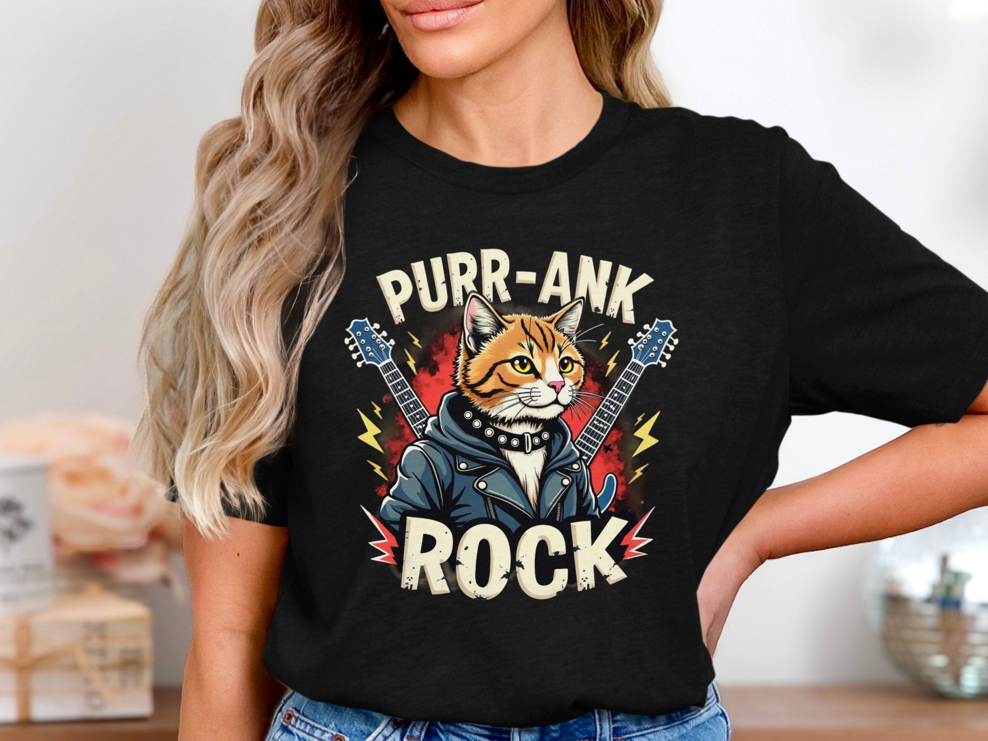 Purr - Ank Rock T-Shirt for Cat Lovers, Funny Cat Graphic Tee, Cool Cat and Guitar Design, Unique Gift Idea, Unisex - Craig Michael Design