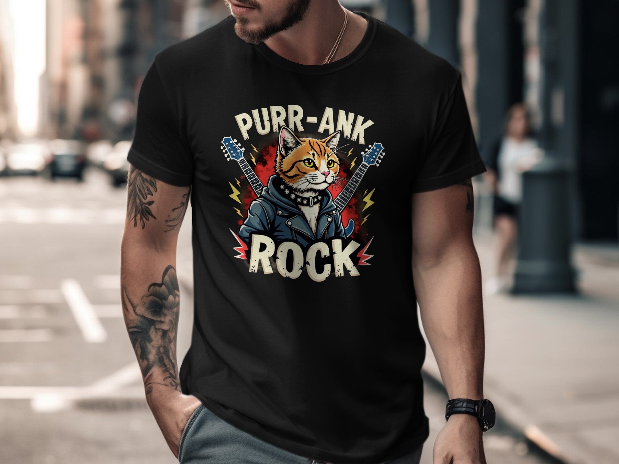 Purr - Ank Rock T-Shirt for Cat Lovers, Funny Cat Graphic Tee, Cool Cat and Guitar Design, Unique Gift Idea, Unisex - Craig Michael Design