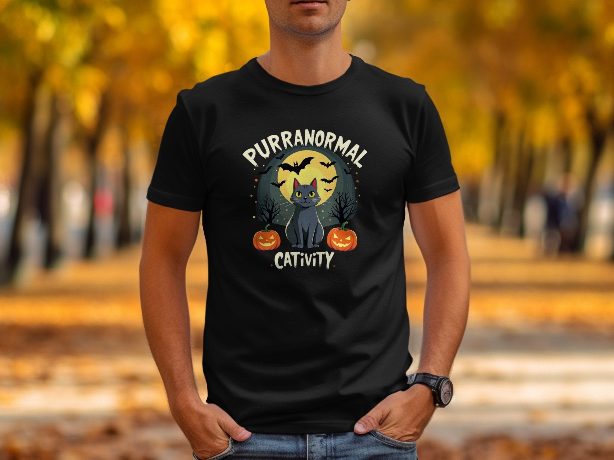 Purranormal Cativity Halloween Cat T-shirt Black Cat with Pumpkins Spooky Bats Halloween Party Tee Funny Cat Lover Gift - Craig Michael Design