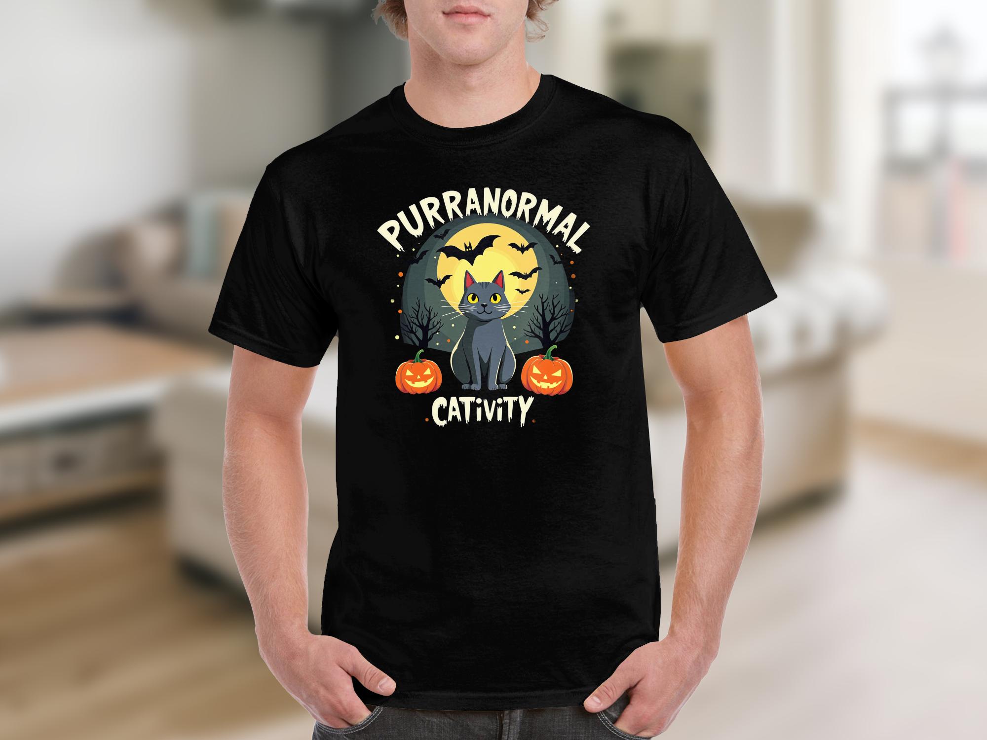 Purranormal Cativity Halloween Cat T-shirt Black Cat with Pumpkins Spooky Bats Halloween Party Tee Funny Cat Lover Gift - Craig Michael Design