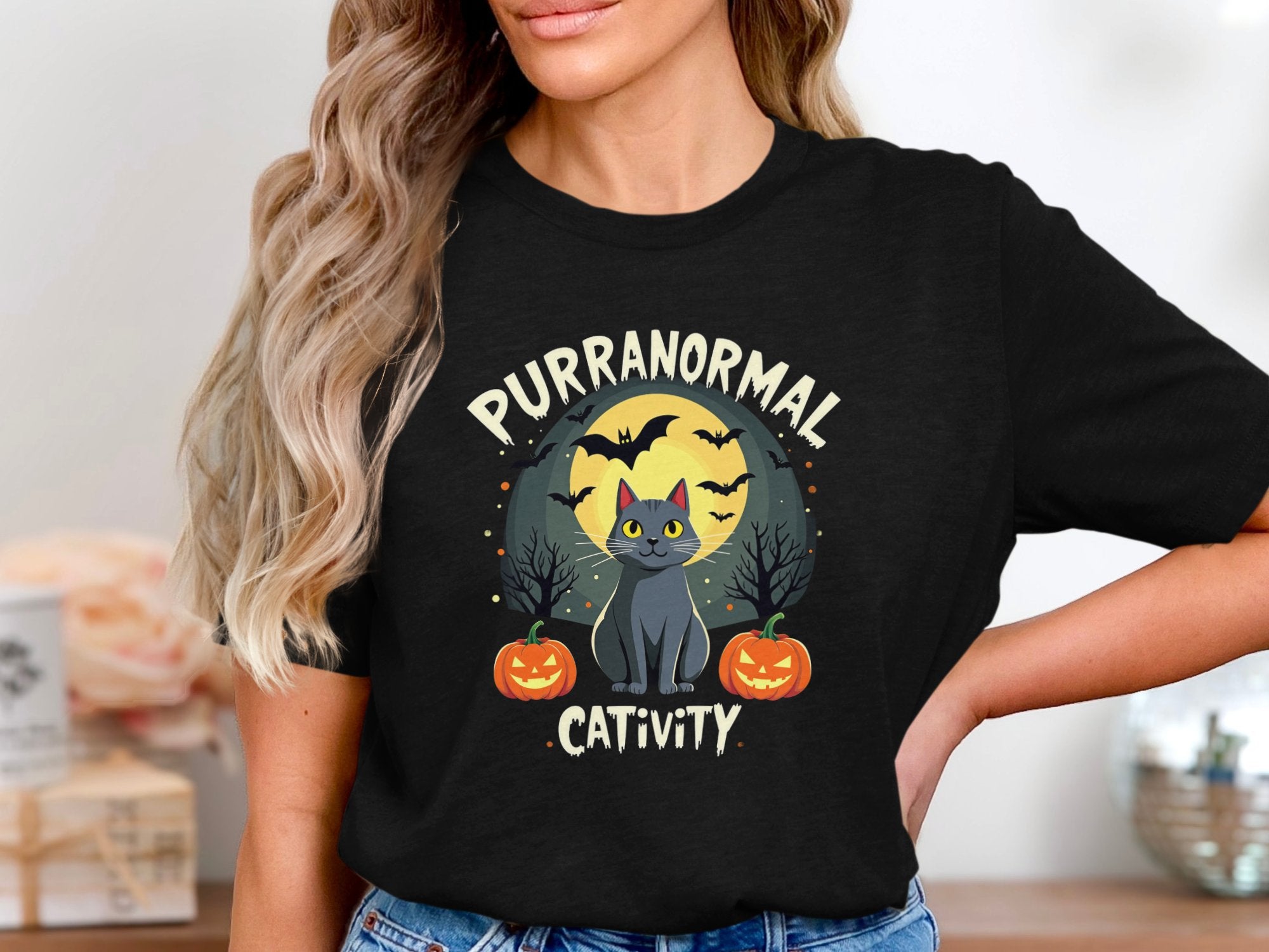 Purranormal Cativity Halloween Cat T-shirt Black Cat with Pumpkins Spooky Bats Halloween Party Tee Funny Cat Lover Gift - Craig Michael Design