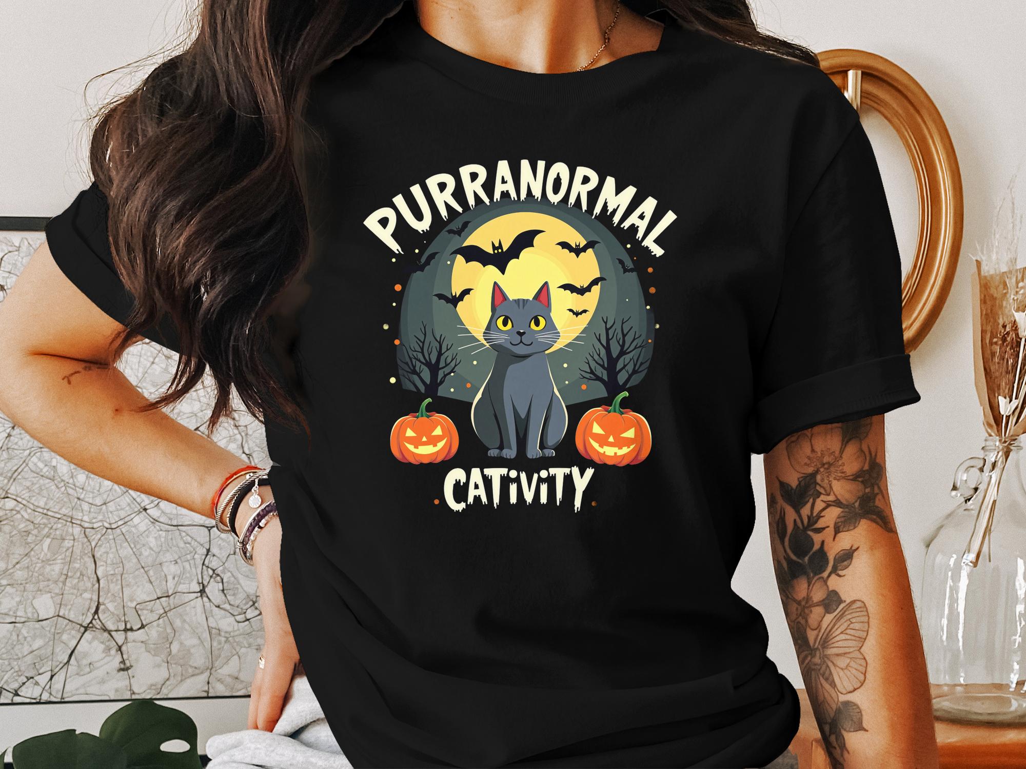 Purranormal Cativity Halloween Cat T-shirt Black Cat with Pumpkins Spooky Bats Halloween Party Tee Funny Cat Lover Gift - Craig Michael Design