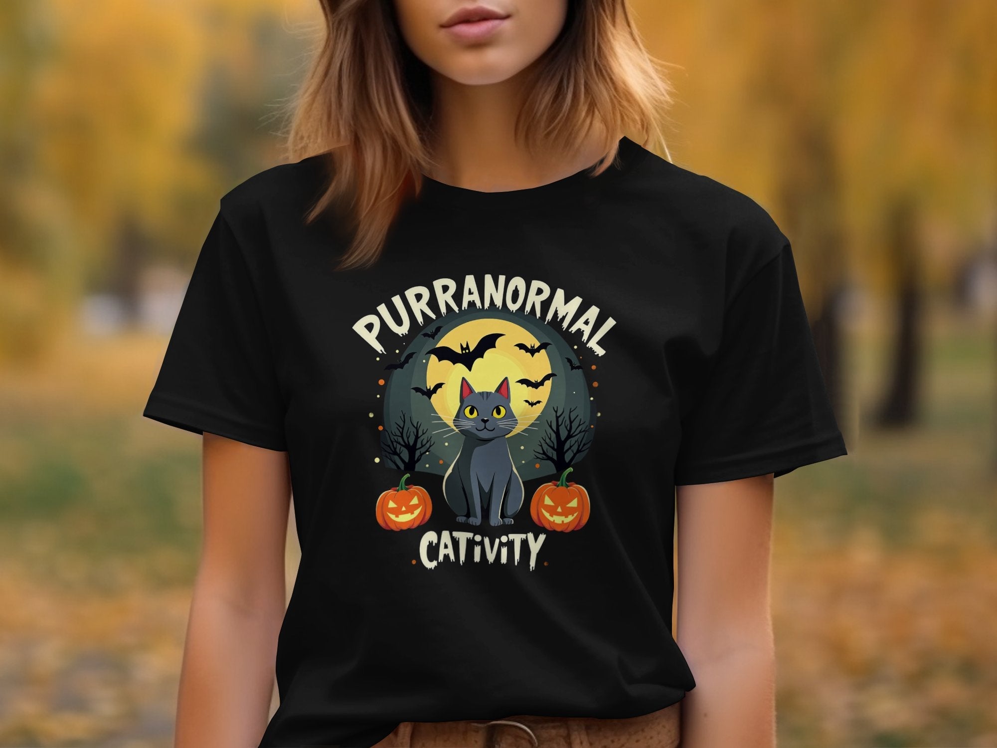 Purranormal Cativity Halloween Cat T-shirt Black Cat with Pumpkins Spooky Bats Halloween Party Tee Funny Cat Lover Gift - Craig Michael Design